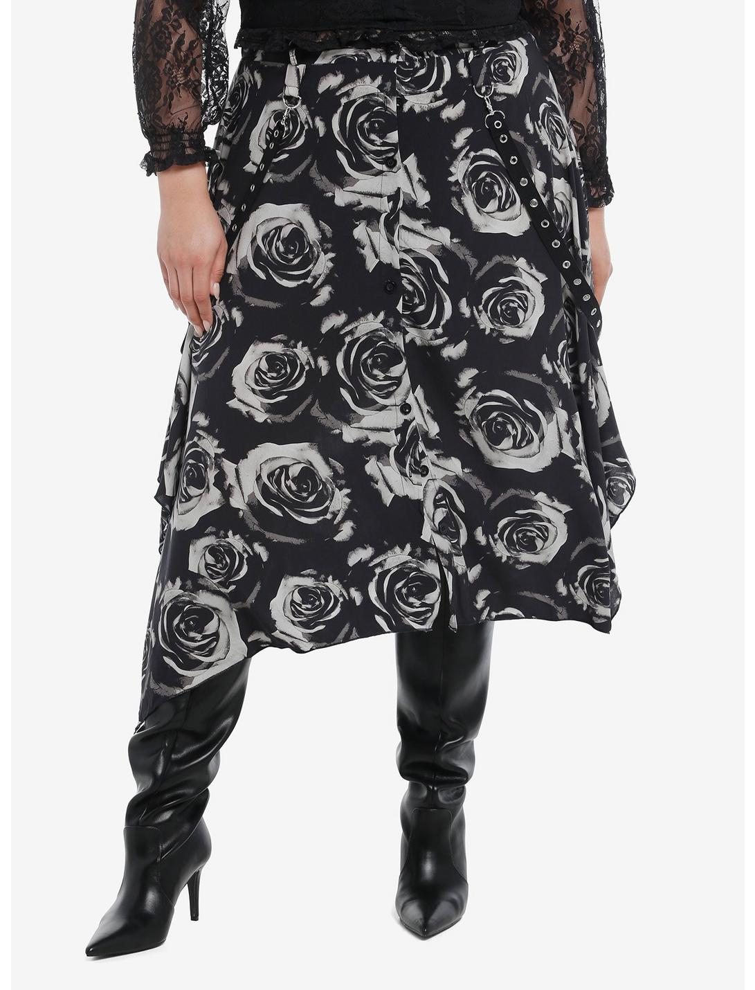 Black & Grey Rose Grommet Hem Hanky Hem Midi Skirt Plus Size, GREY, hi-res