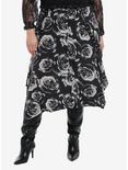 Black & Grey Rose Grommet Hem Hanky Hem Midi Skirt Plus Size, GREY, hi-res