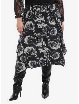 Black & Grey Rose Grommet Hem Hanky Hem Midi Skirt Plus Size, , hi-res