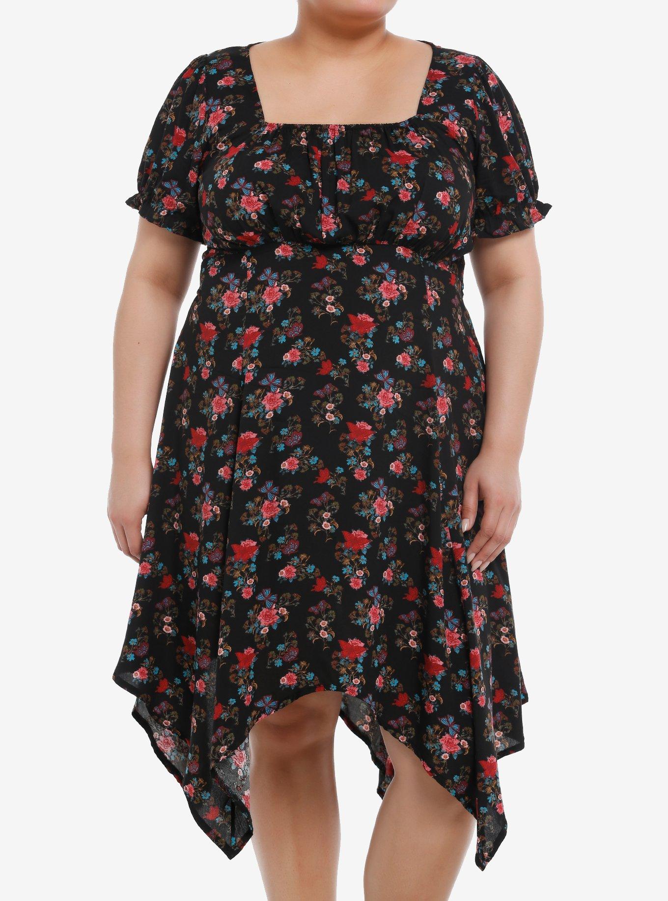 EVERGREEN Red & Blue Floral Hanky Hem Dress Plus Size