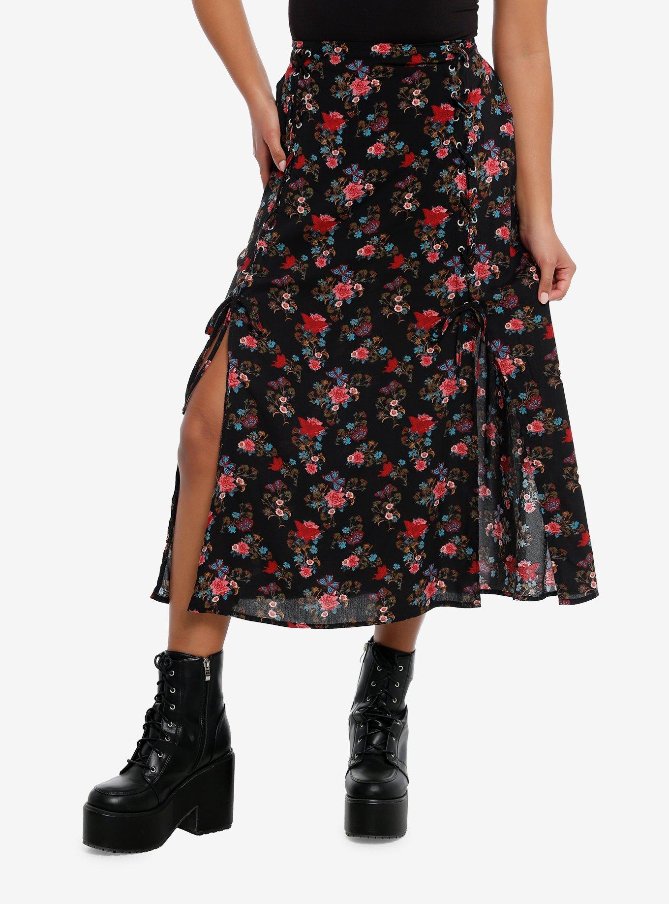 Daisy Street Floral Butterfly Lace-Up Slit Midi Skirt