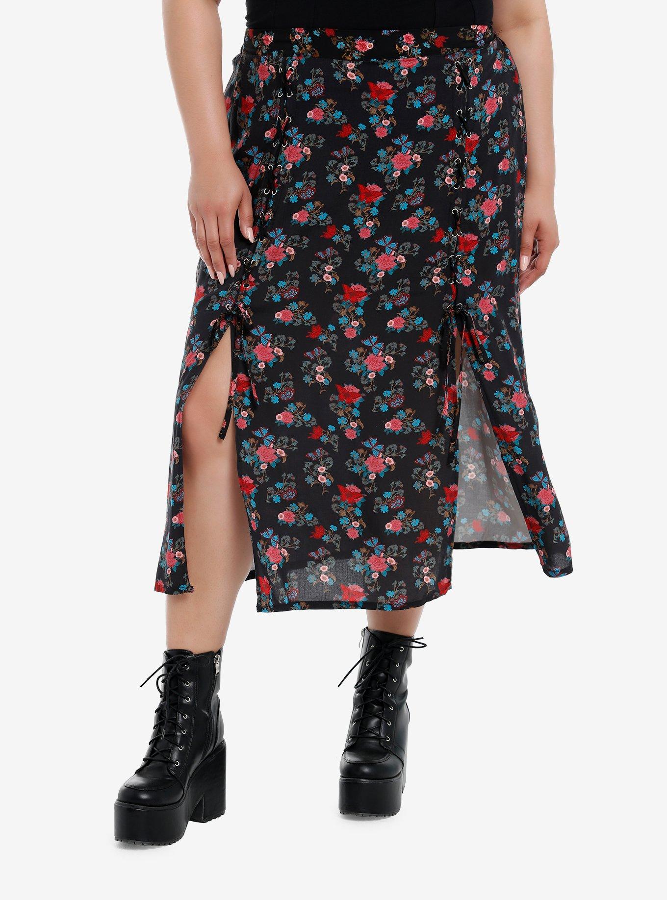 Daisy Street Floral Butterfly Lace-Up Slit Midi Skirt Plus Size | Hot Topic