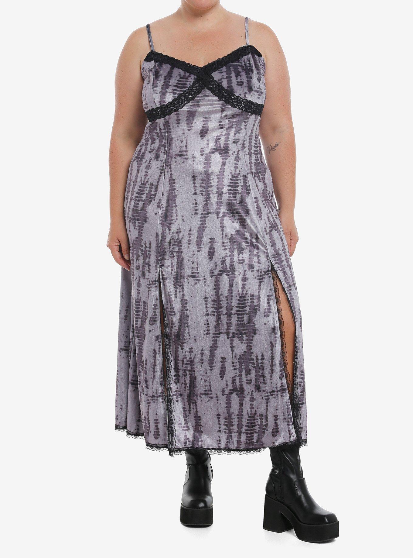 Grey Wash Velvet Lace Midi Dress Plus Size, , hi-res