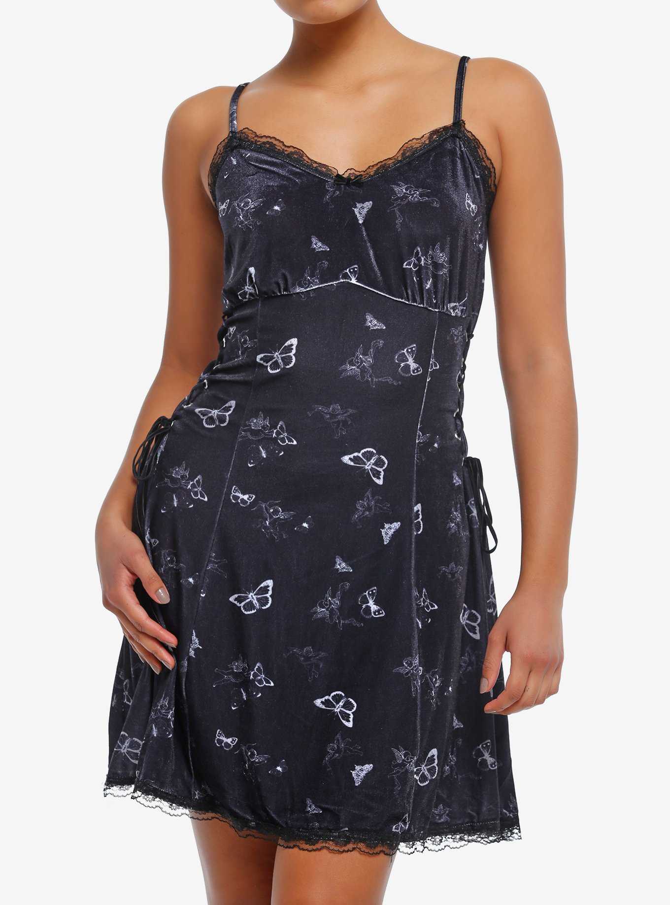Daisy Street Black Velvet Butterfly Lace-Up Mini Dress, , hi-res