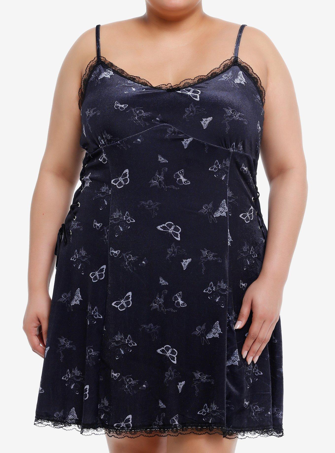Daisy Street Black Velvet Butterfly Lace-Up Mini Dress Plus Size, , hi-res