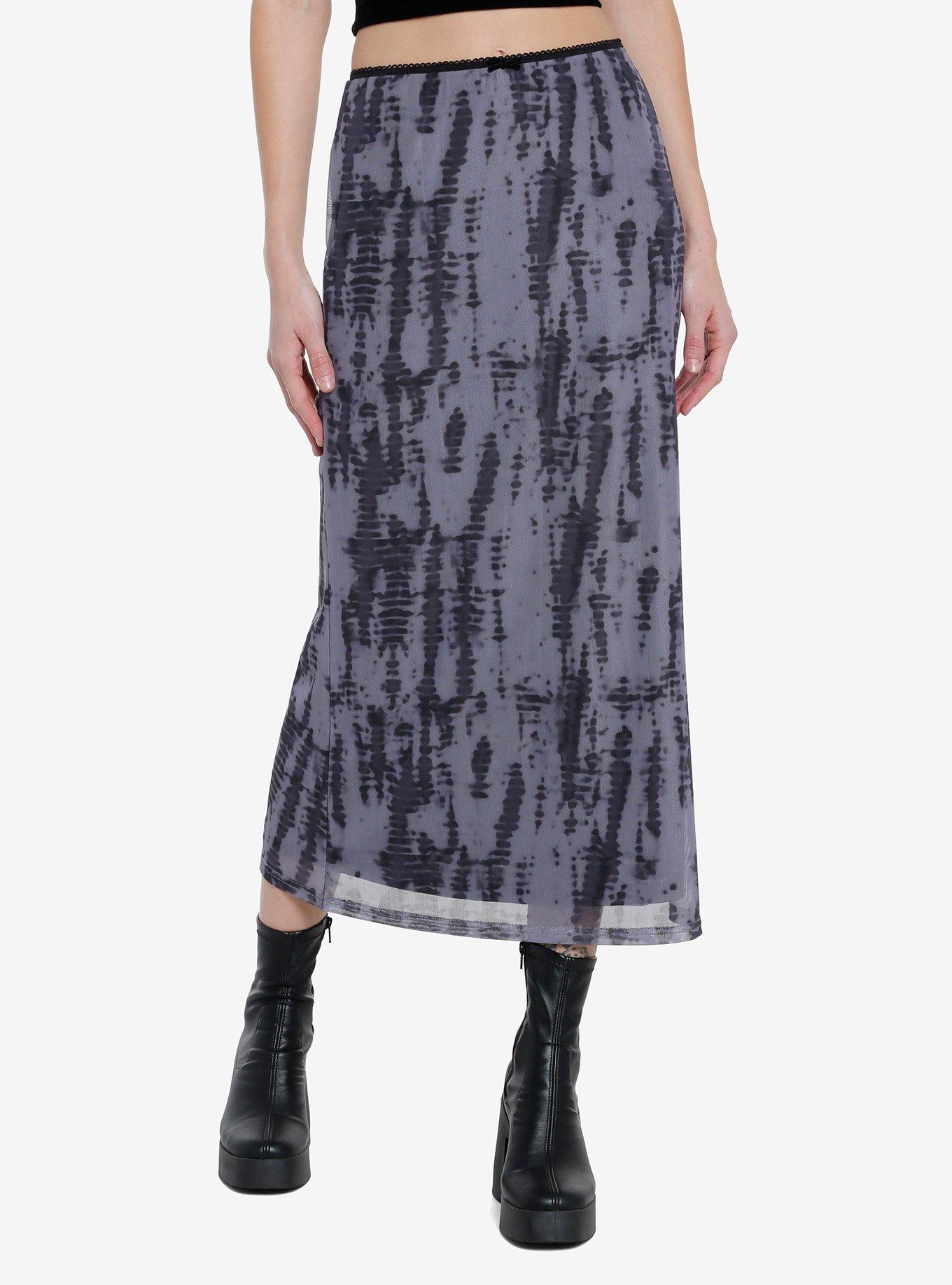 Dark Grey Wash Mesh Midi Skirt, GREY, hi-res