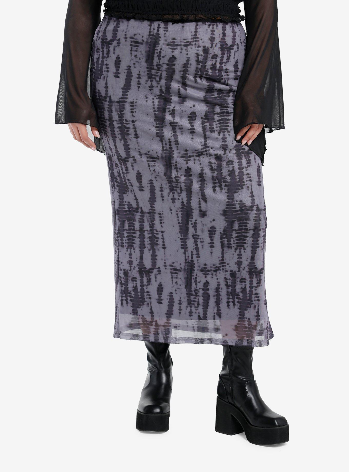 Dark Grey Wash Mesh Midi Skirt Plus Size, GREY, hi-res