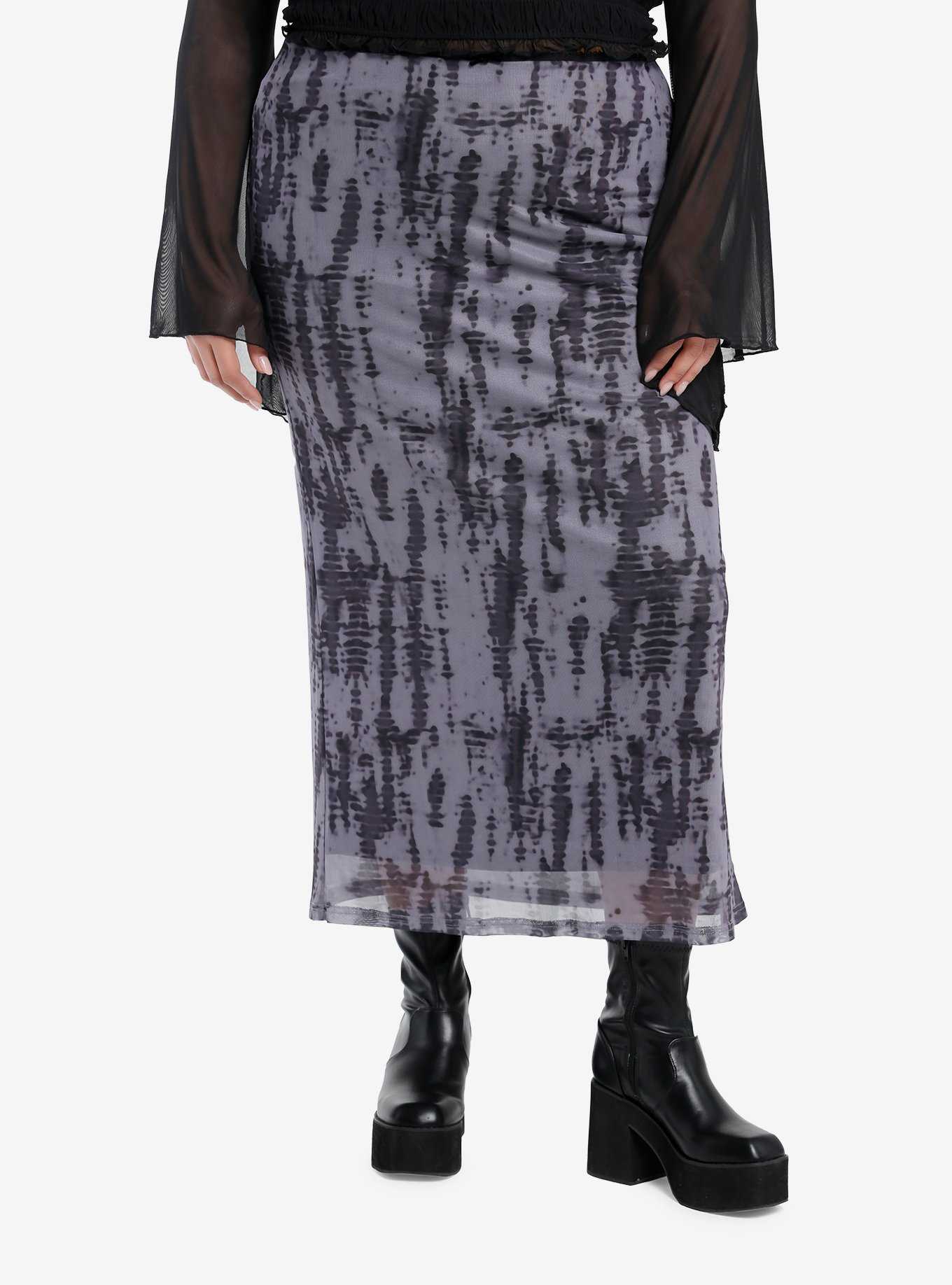 Dark Grey Wash Mesh Midi Skirt Plus Size, , hi-res
