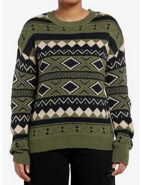 Green Fair Isle Vintage Girls Knit Sweater, , hi-res