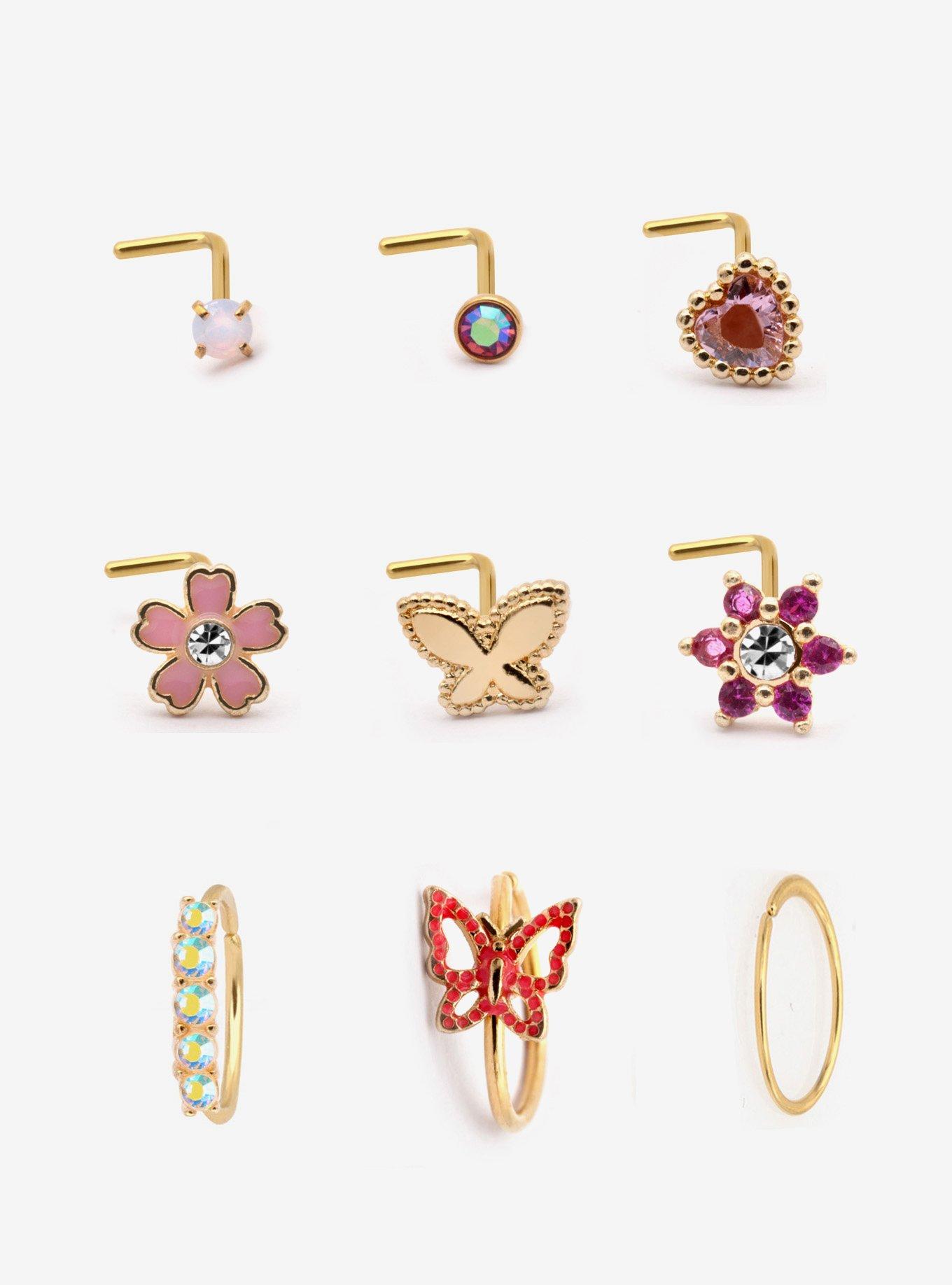Steel Butterfly Flower Nose Stud & Hoop 9 Pack, , hi-res