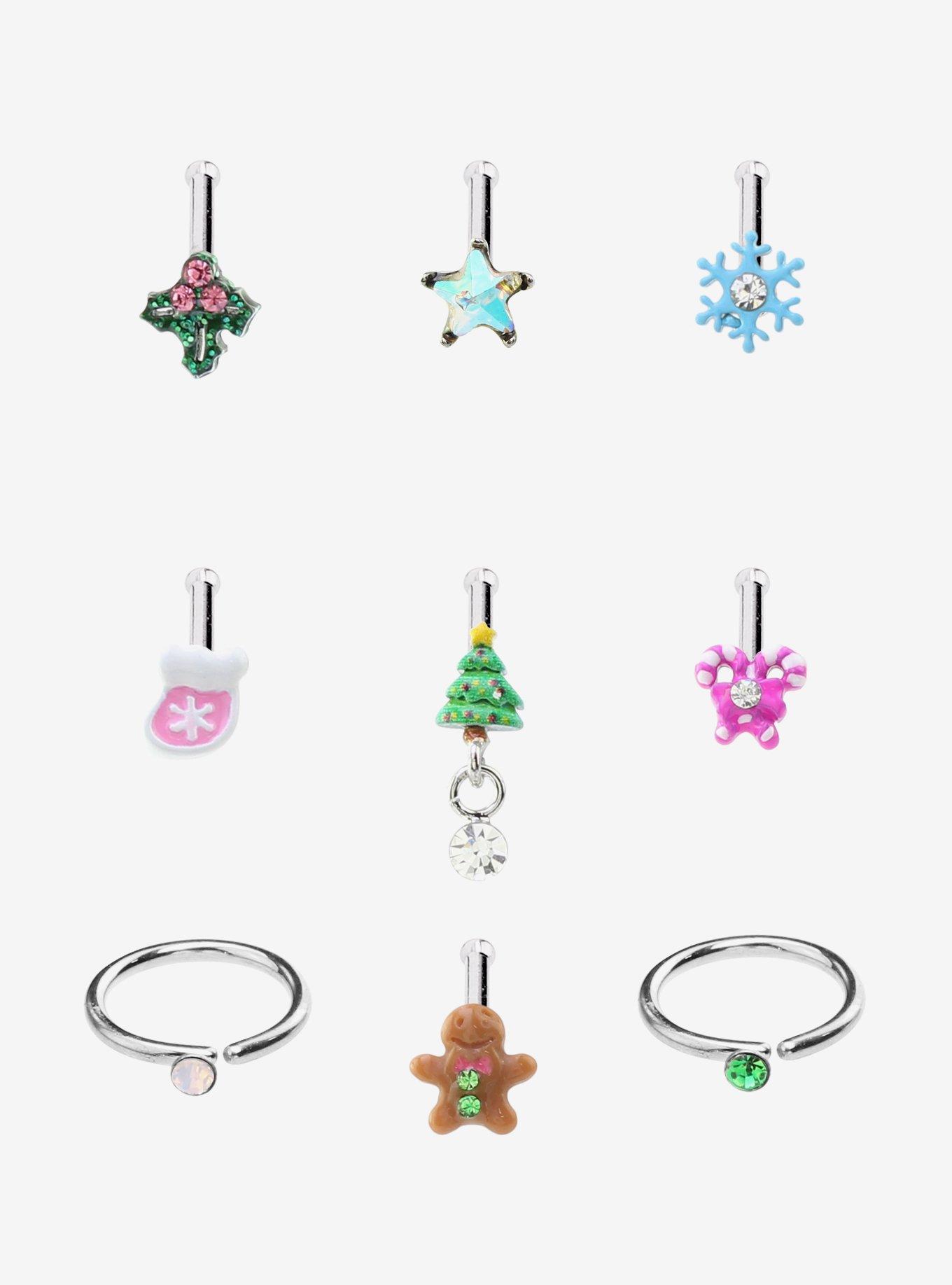 Steel Silver Kawaii Holiday Nose Stud & Captive Hoop 9 Pack, , hi-res