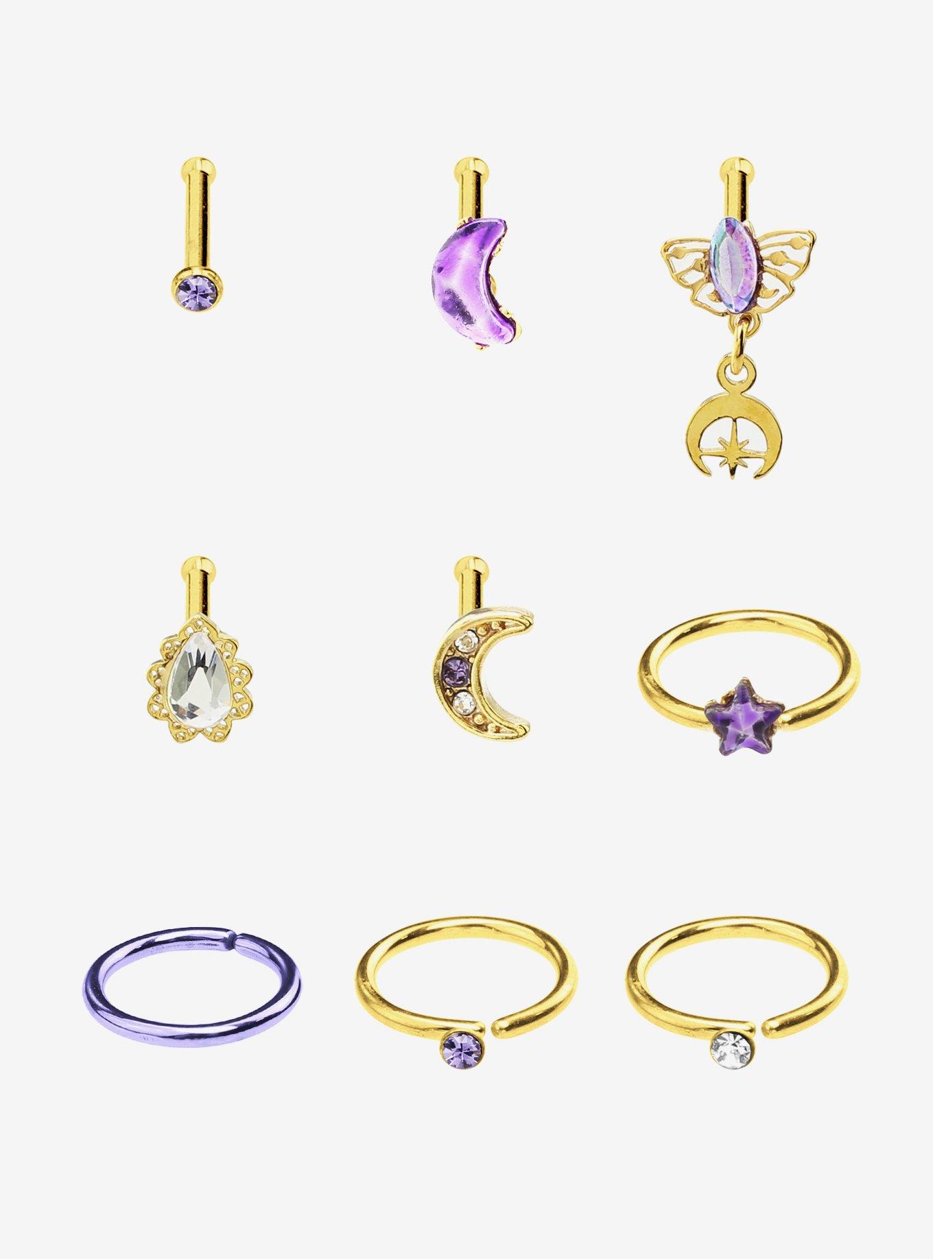 Steel Gold & Purple Moth Moon Nose Stud & Hoop 9 Pack, , hi-res
