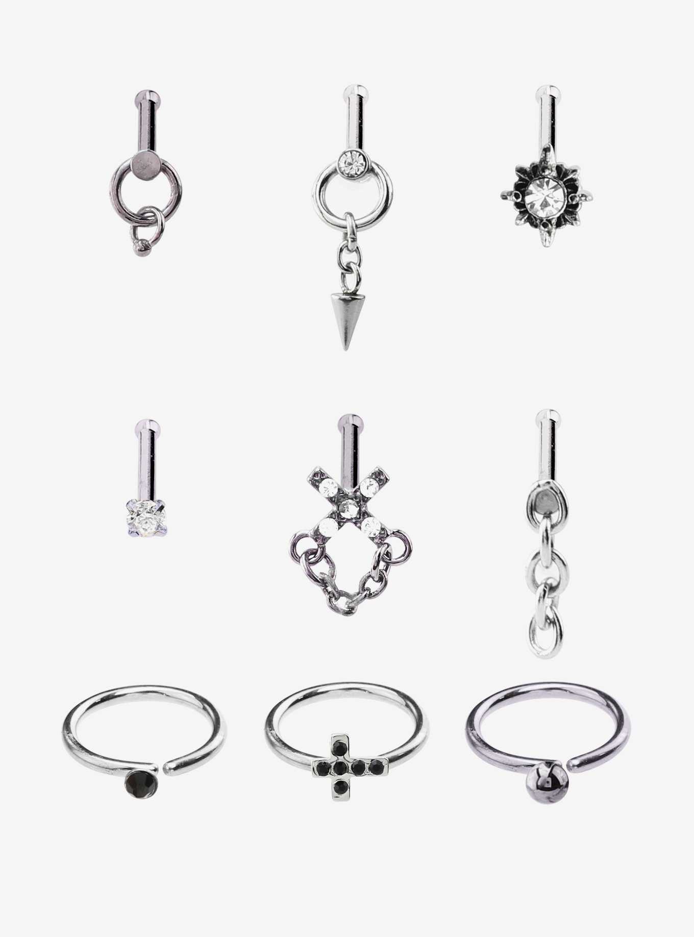 Steel Silver Chains Nose Stud & Captive Hoop 9 Pack, , hi-res