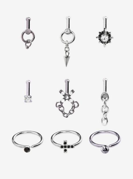 Steel Silver Chains Nose Stud & Captive Hoop 9 Pack | Hot Topic