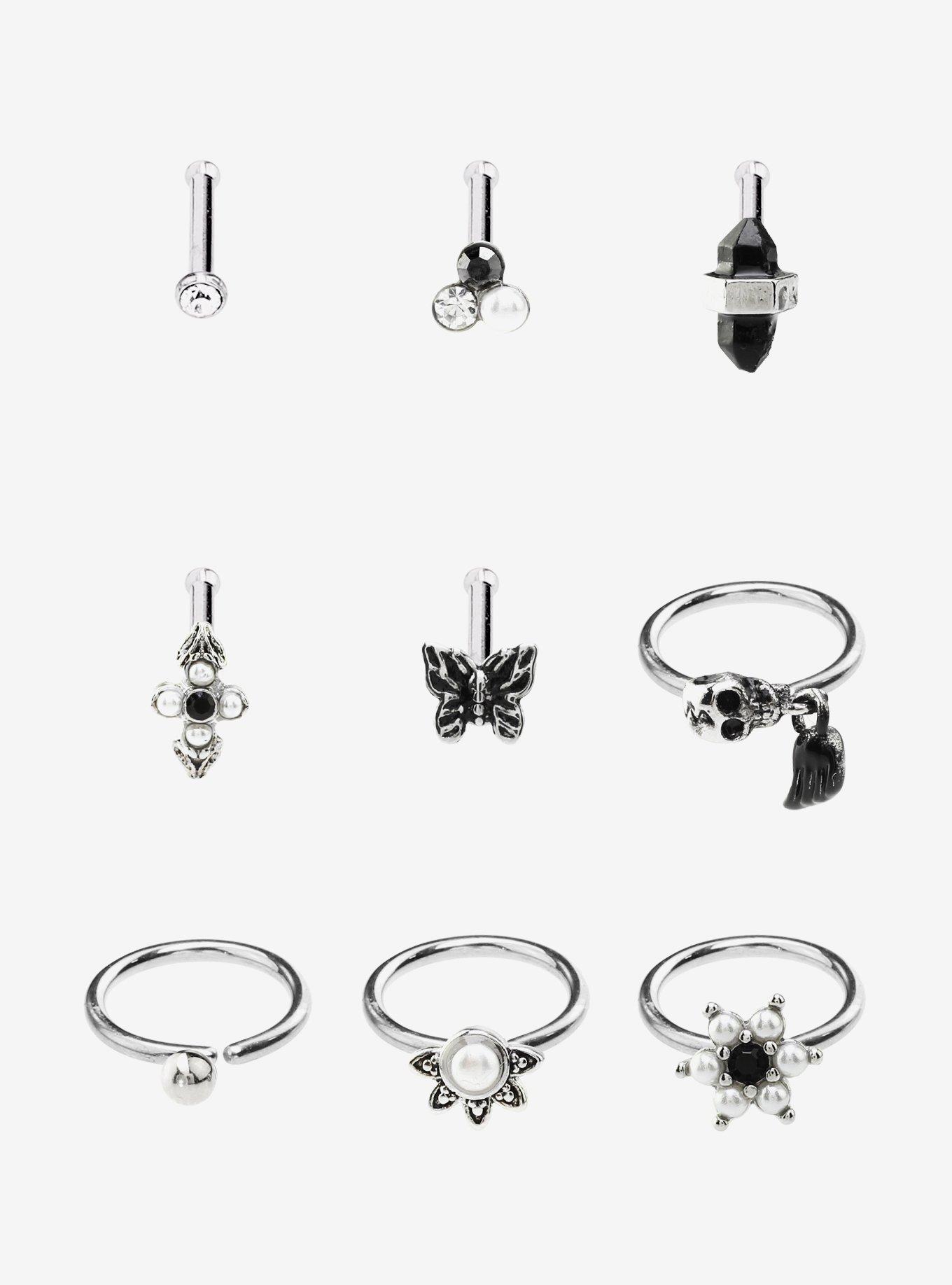 Steel Gothic Skull Butterfly Crystal Nose Stud & Hoop 9 Pack, , hi-res