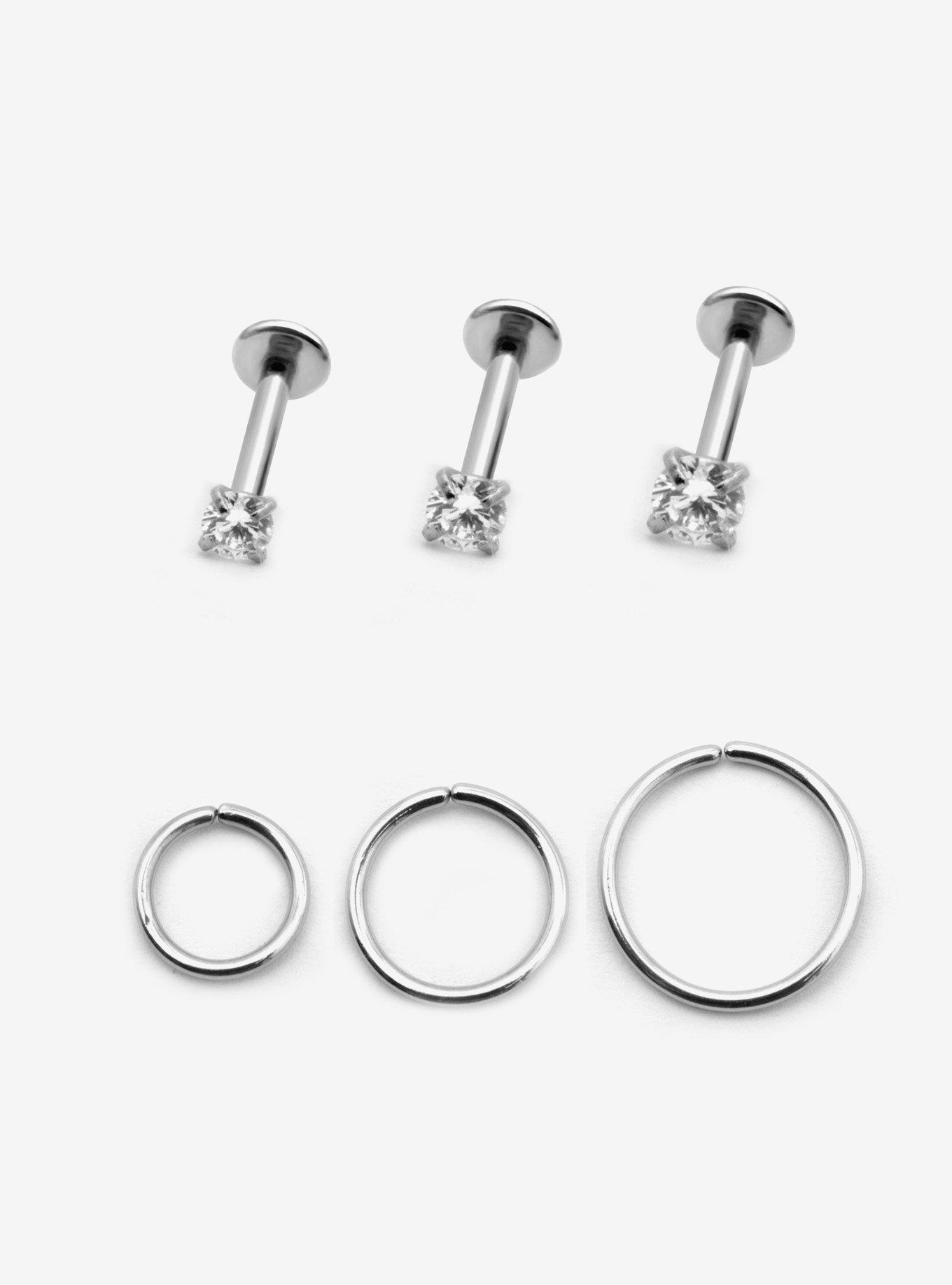 18G Steel Silver Gem Labret Stud & Hoop 6 Pack Hot Topic