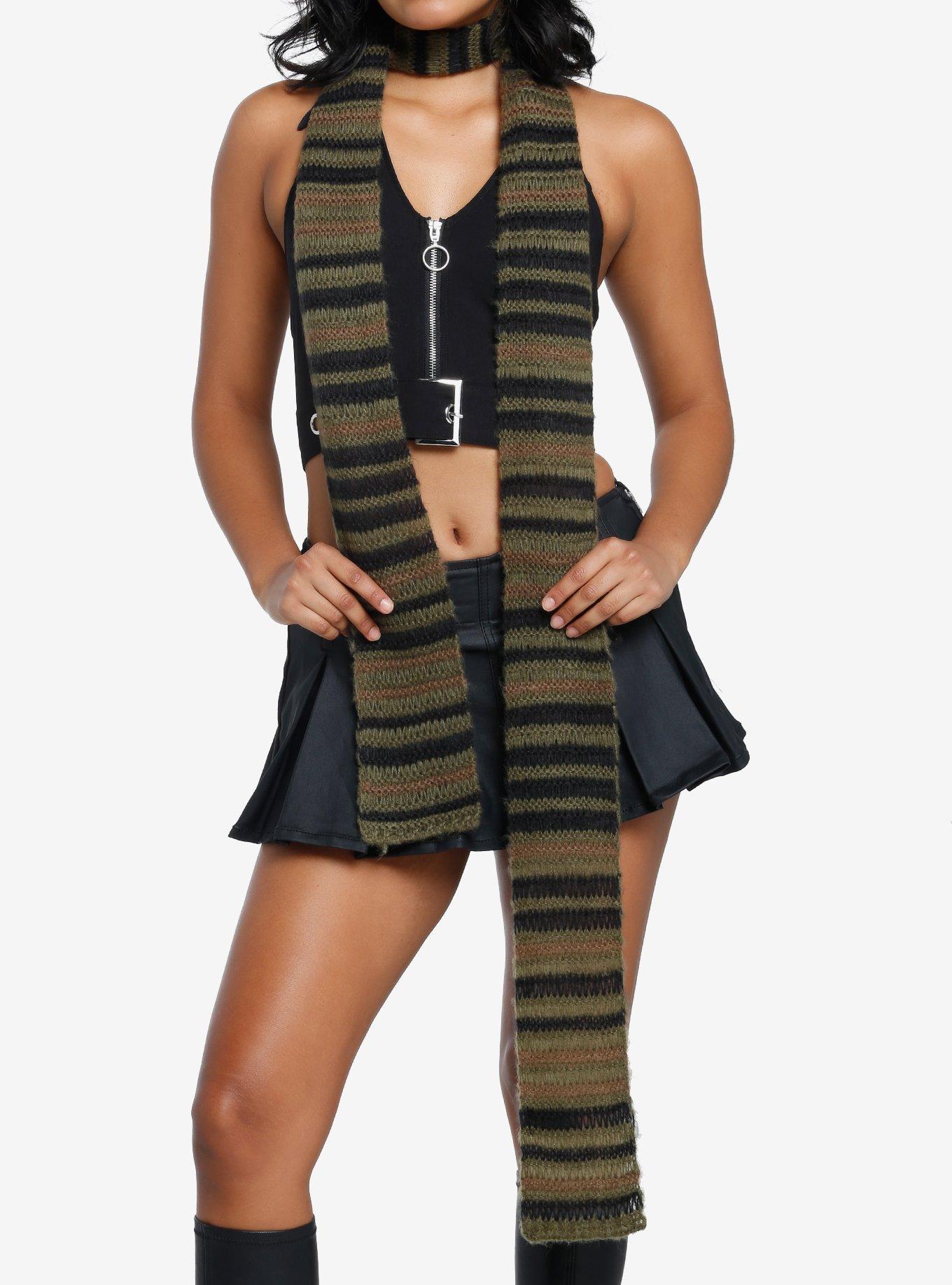 Grunge Black & Green Stripe Skinny Scarf, , hi-res