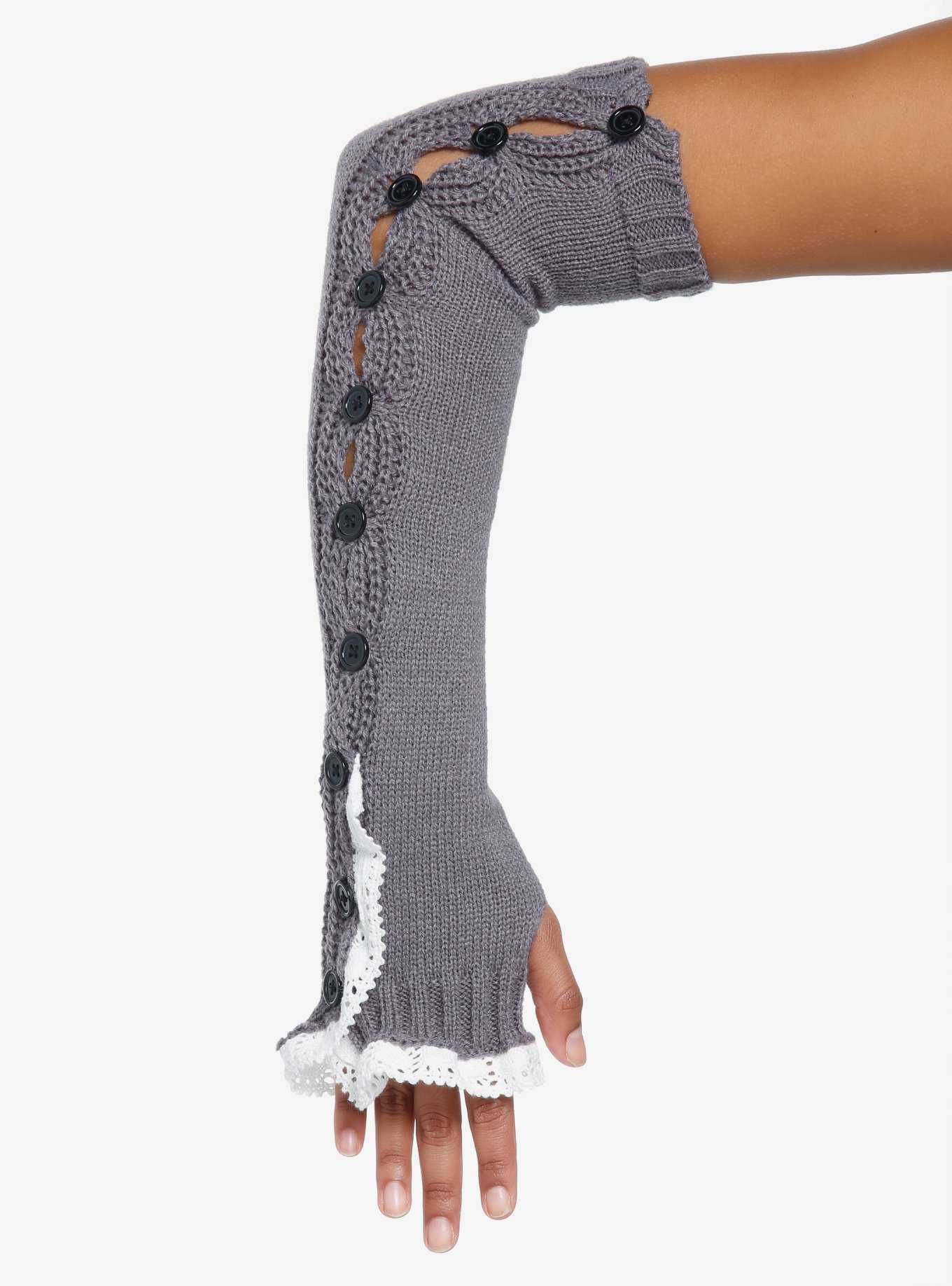 Grey Lace Button Arm Warmers, , hi-res