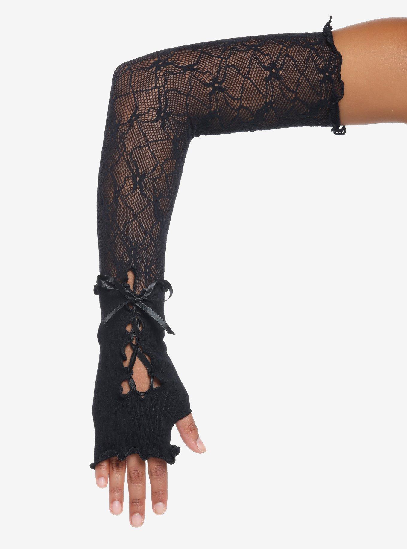 Black Lace Tie Arm Warmers, , hi-res