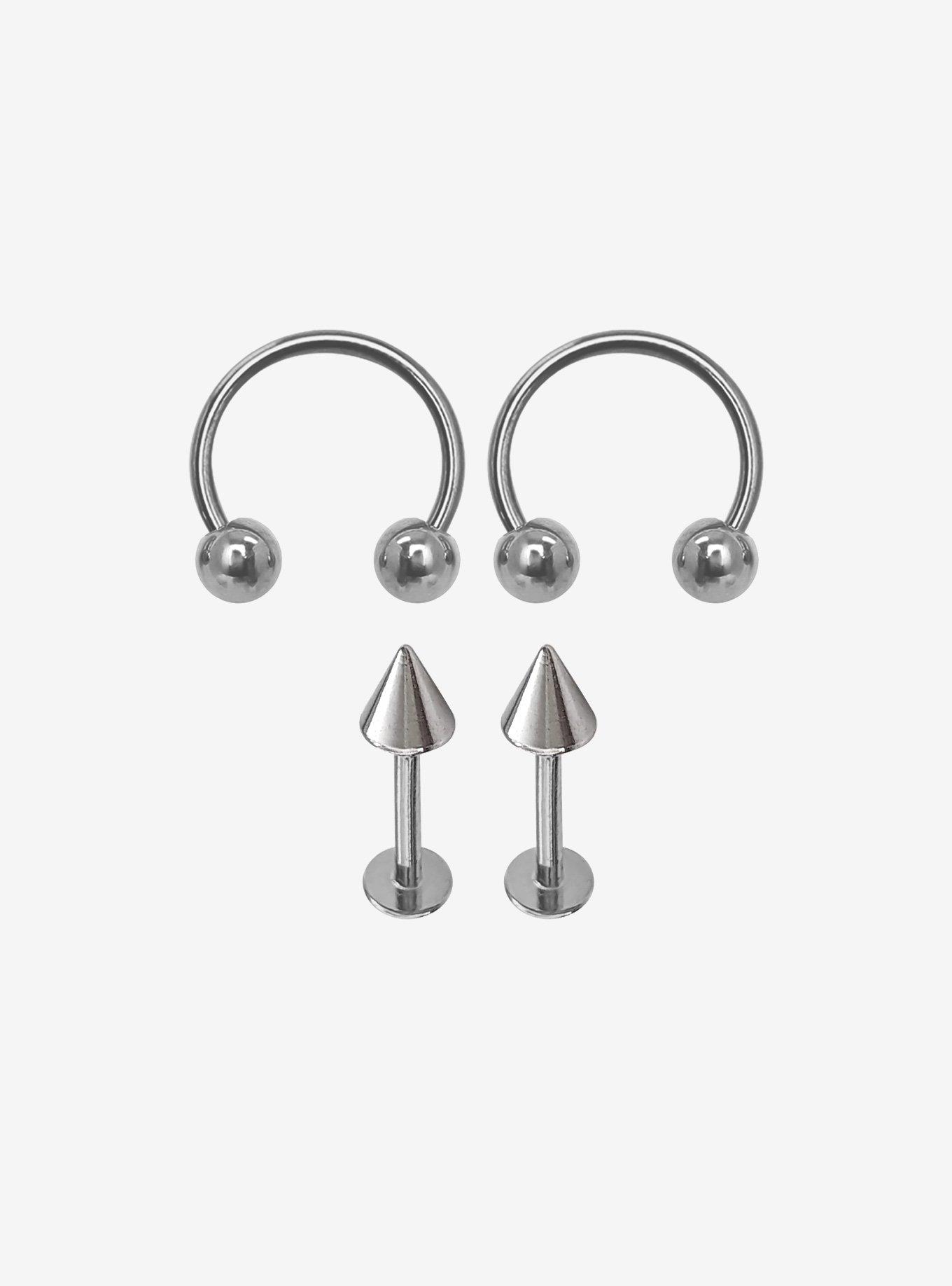 Steel Silver Spike Lip Stud & Circular Barbell 4 Pack, , hi-res