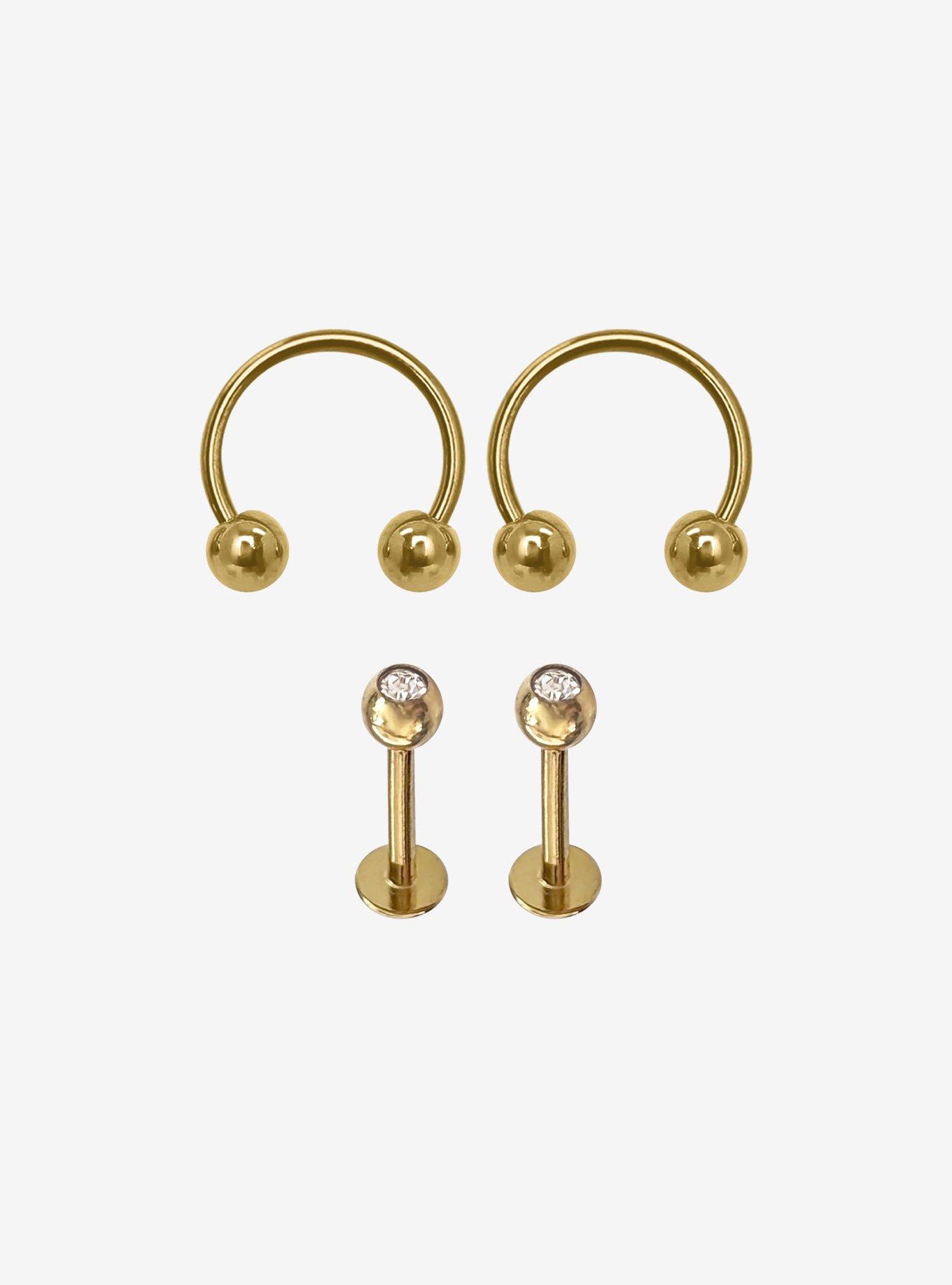Steel Gold CZ Gem Lip Stud & Circular Barbell 4 Pack, , hi-res