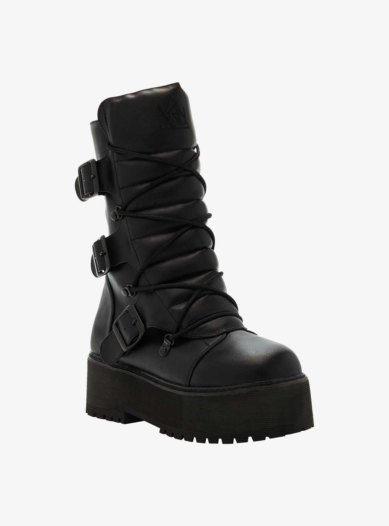 YRU Black Motorcycle Combat Platform Boots, , hi-res