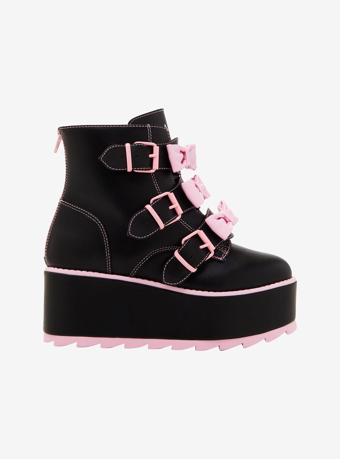 YRU Black & Pastel Pink Bow Platform Booties