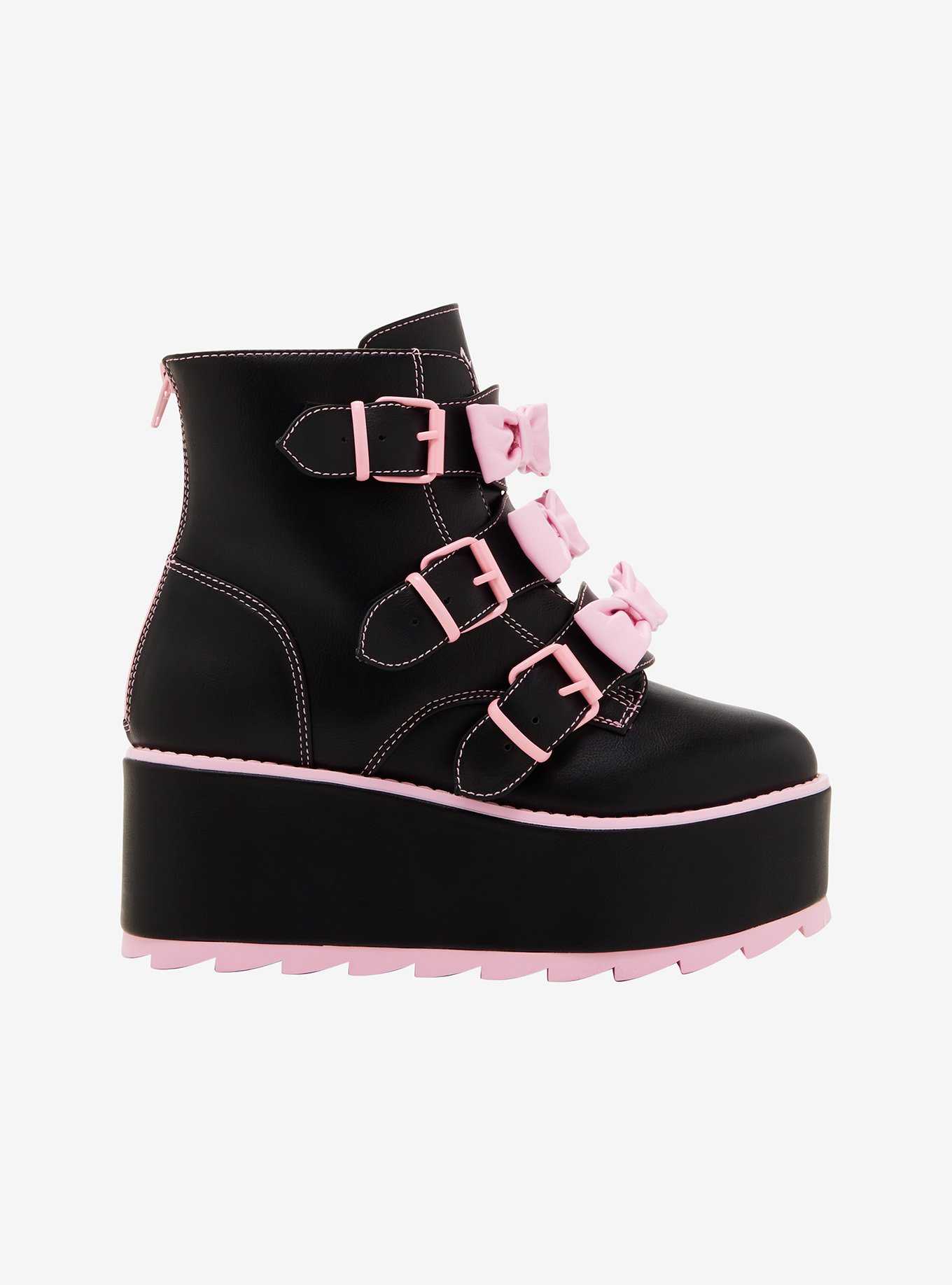 YRU Black & Pastel Pink Bow Platform Booties, , hi-res