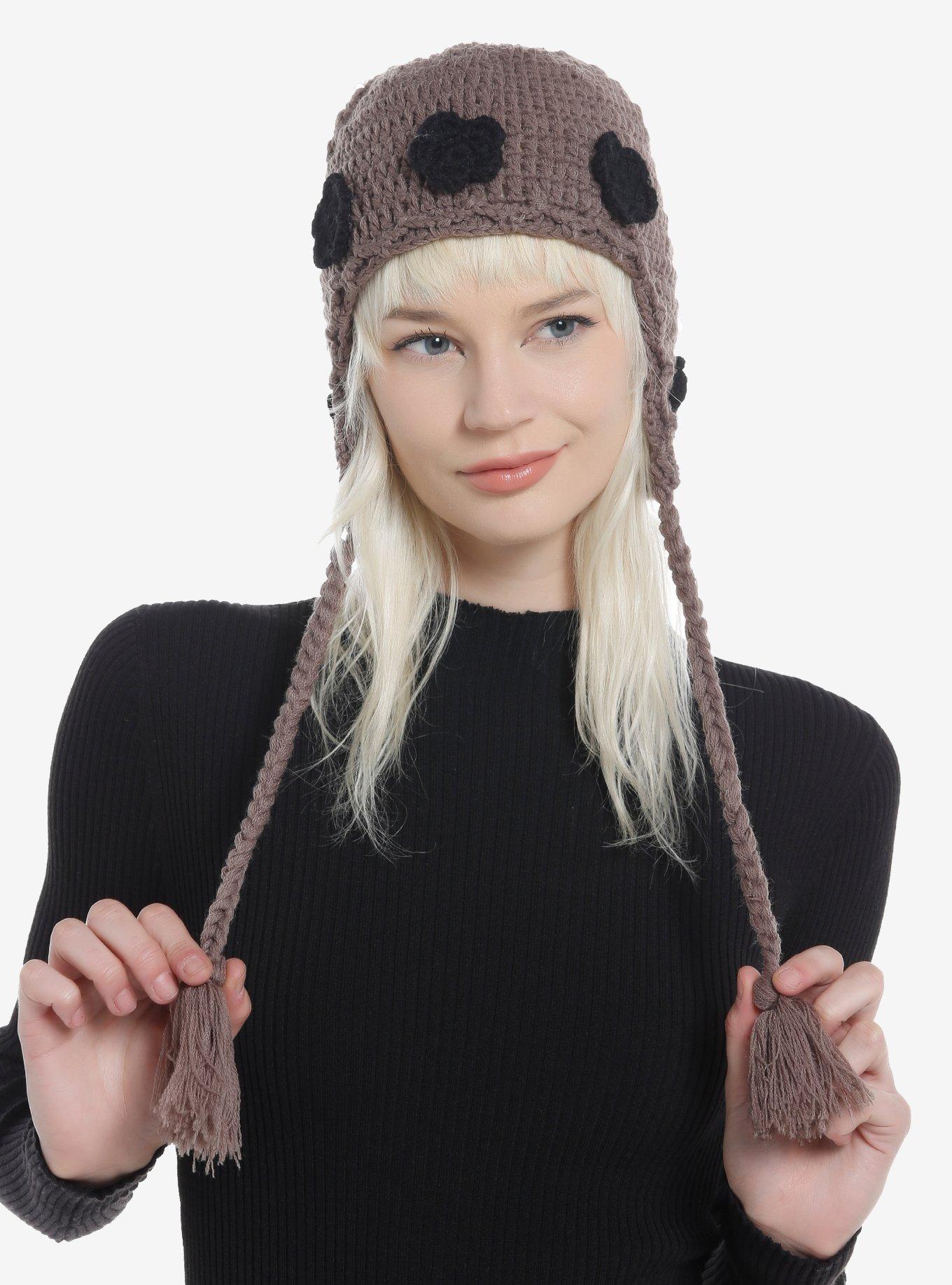 Brown Crochet Rose Tassel Beanie, , hi-res