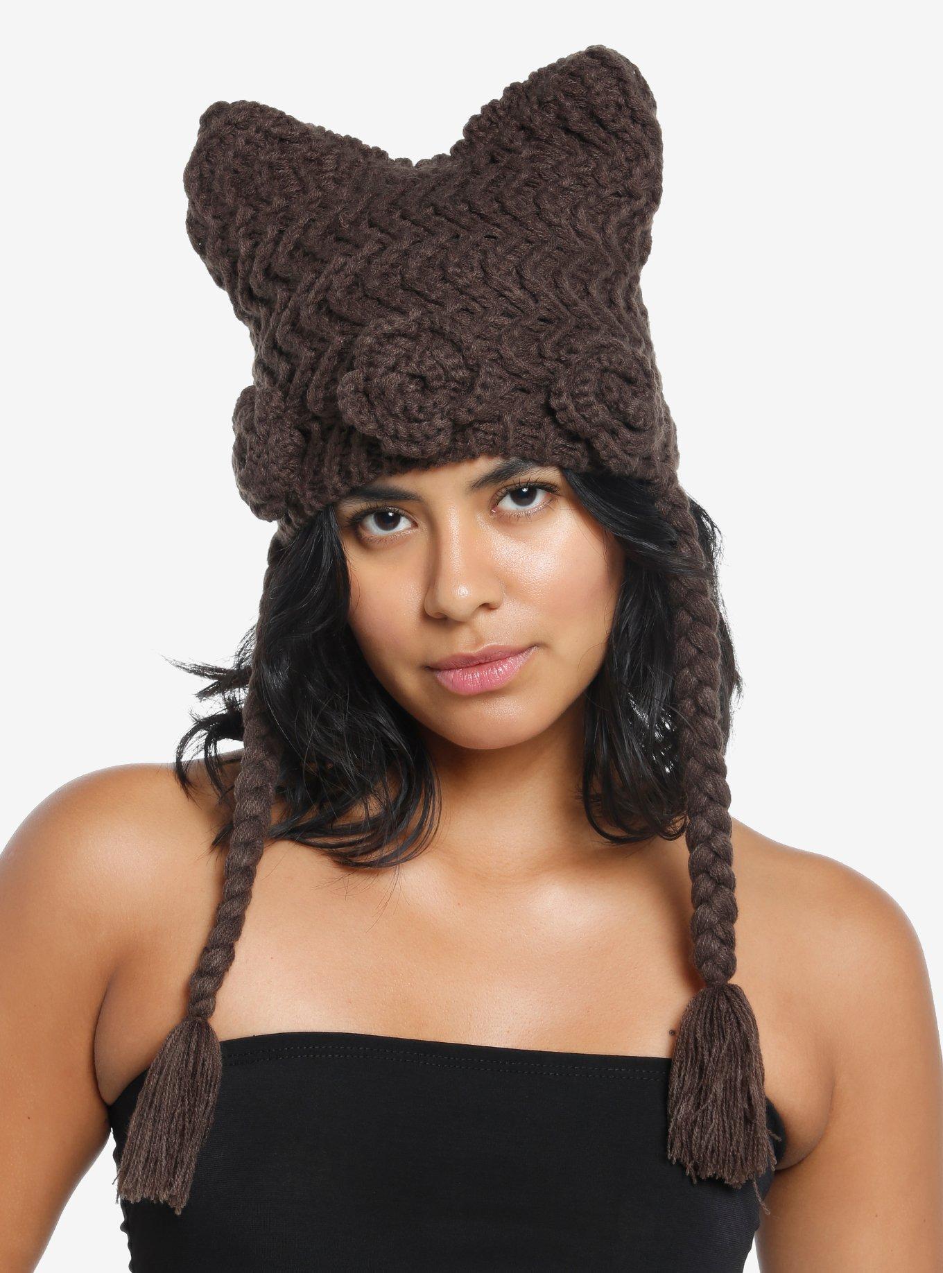 Brown Ear Knit Tassel Beanie, , hi-res