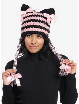 Pink & Black Stripe Bow Tassel Beanie, , hi-res