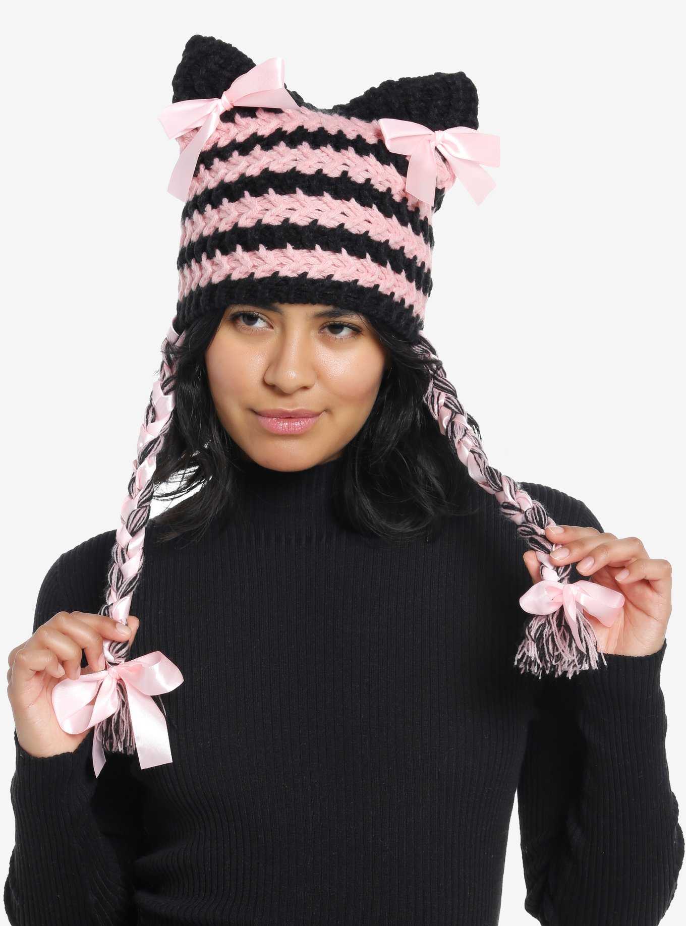 Pink & Black Stripe Bow Tassel Beanie, , hi-res