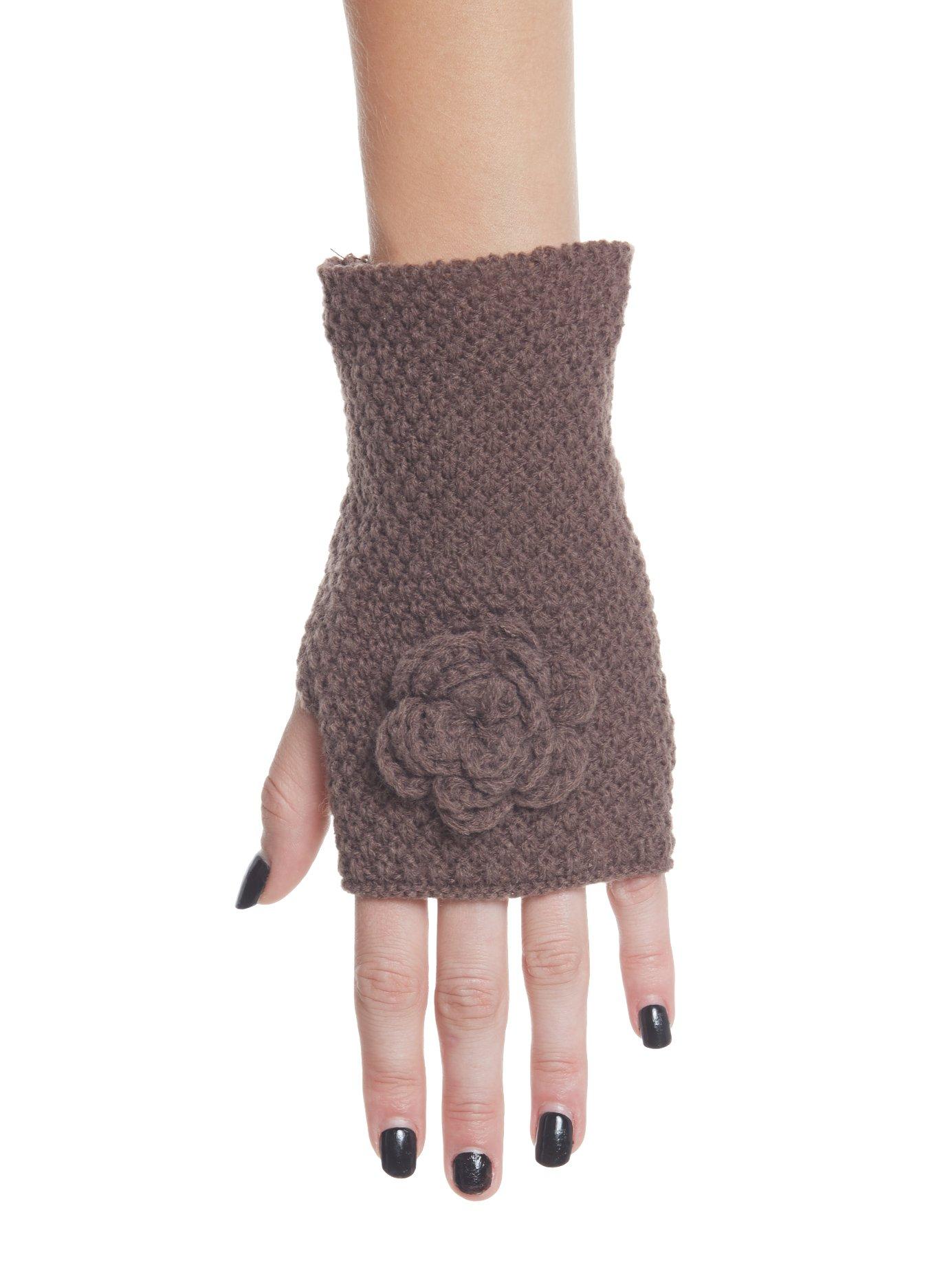 Brown Crochet Rose Fingerless Gloves, , hi-res