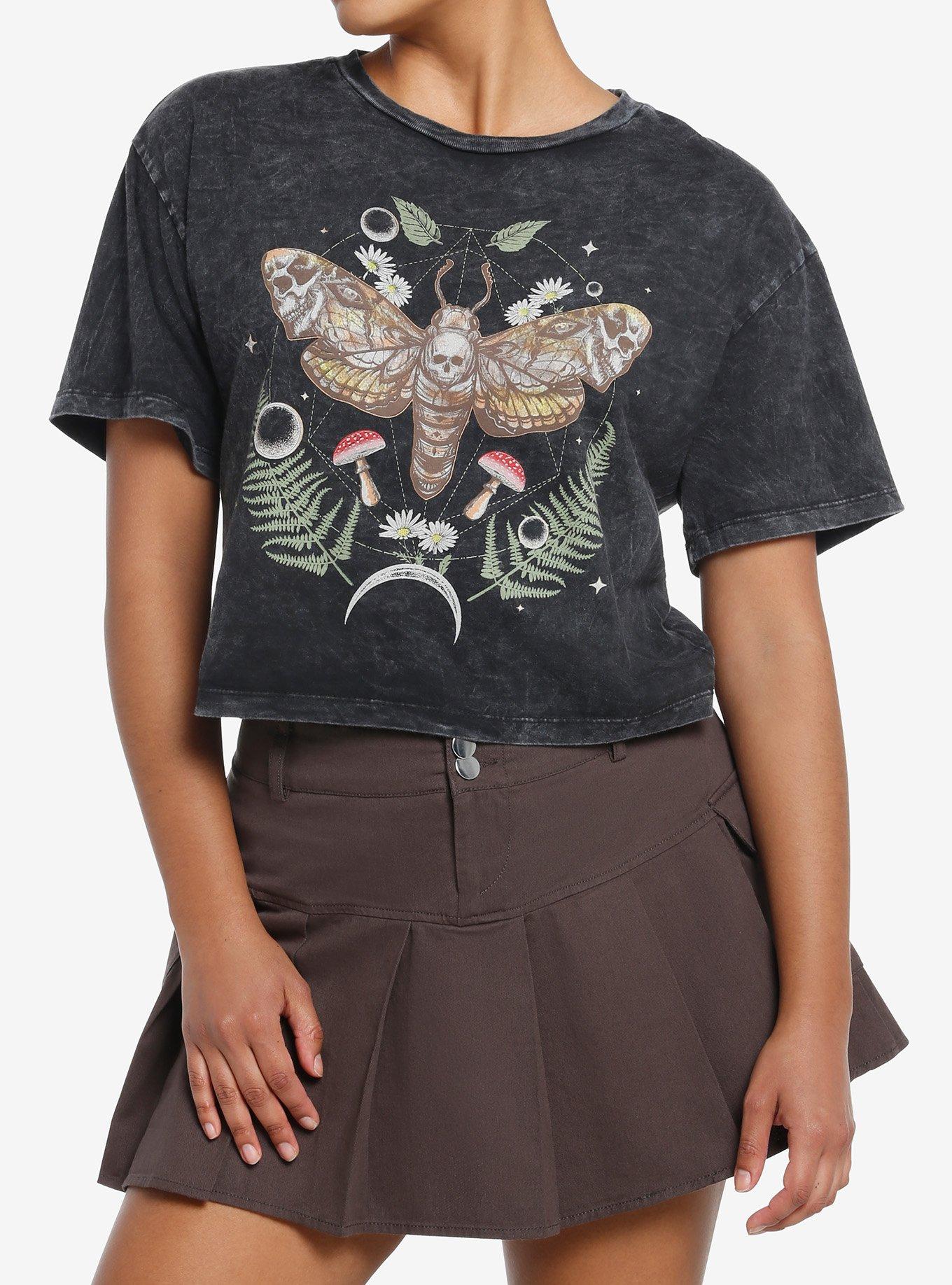 Thorn & Fable Moth Mushrooms Mineral Wash Girls Crop T-Shirt, BROWN, hi-res