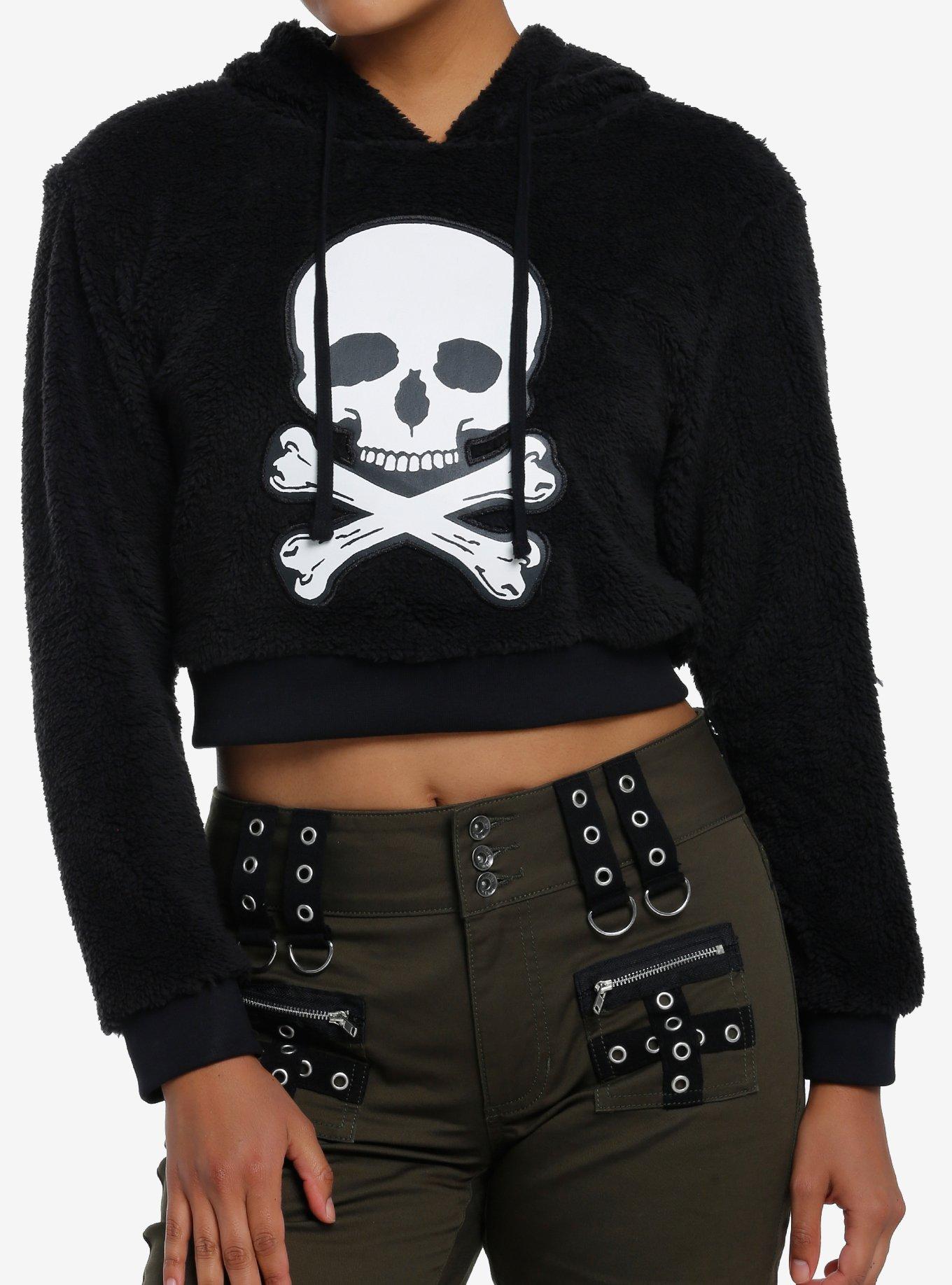 Social Collision Skull & Crossbones Girls Fuzzy Crop Hoodie