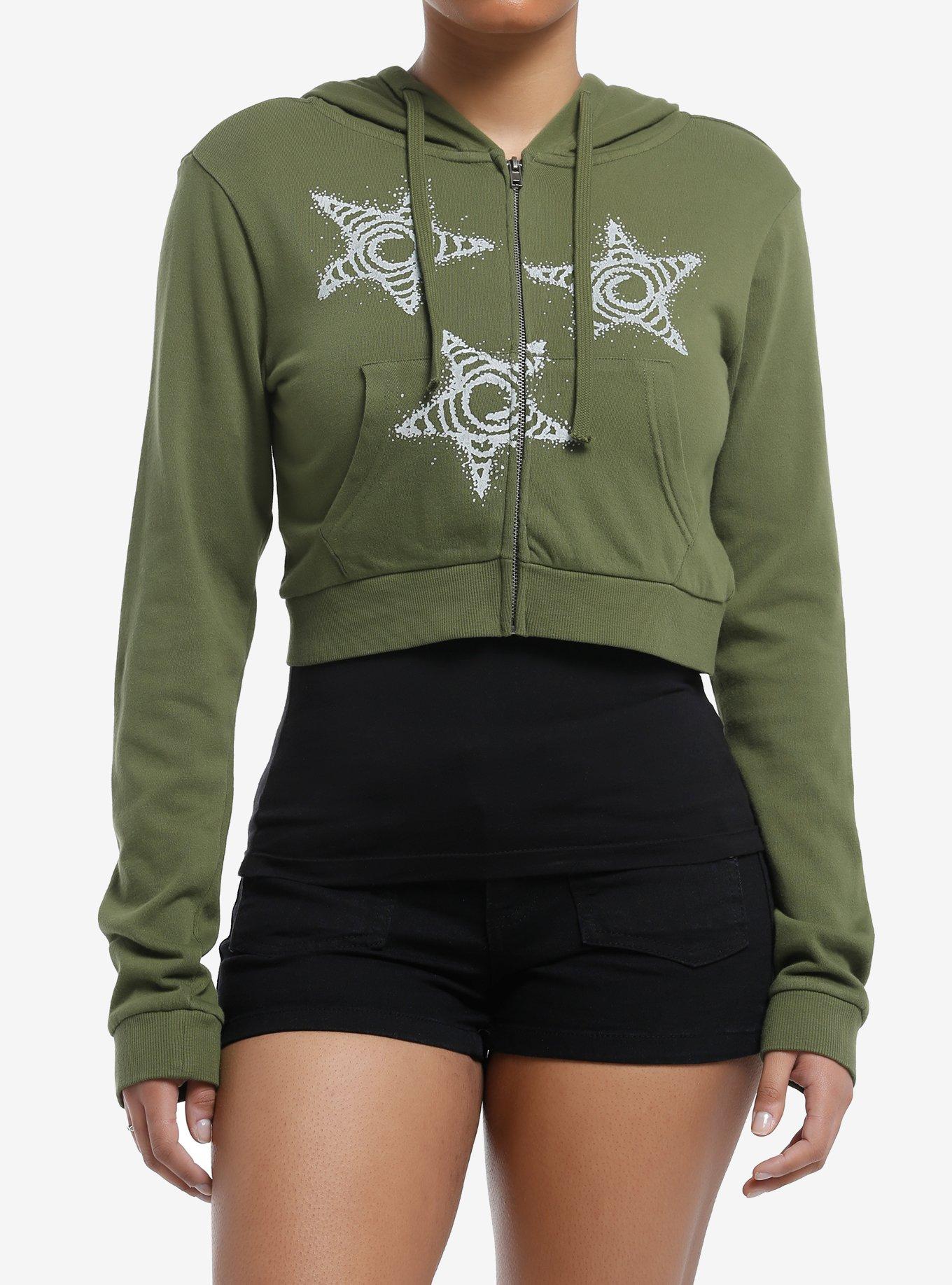 Social Collision Green Spiral Star Girls Crop Hoodie, GREY, hi-res