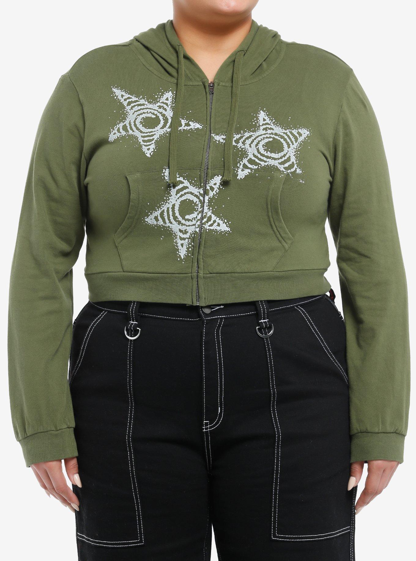 Social Collision Green Spiral Star Girls Crop Hoodie Plus Size, , hi-res