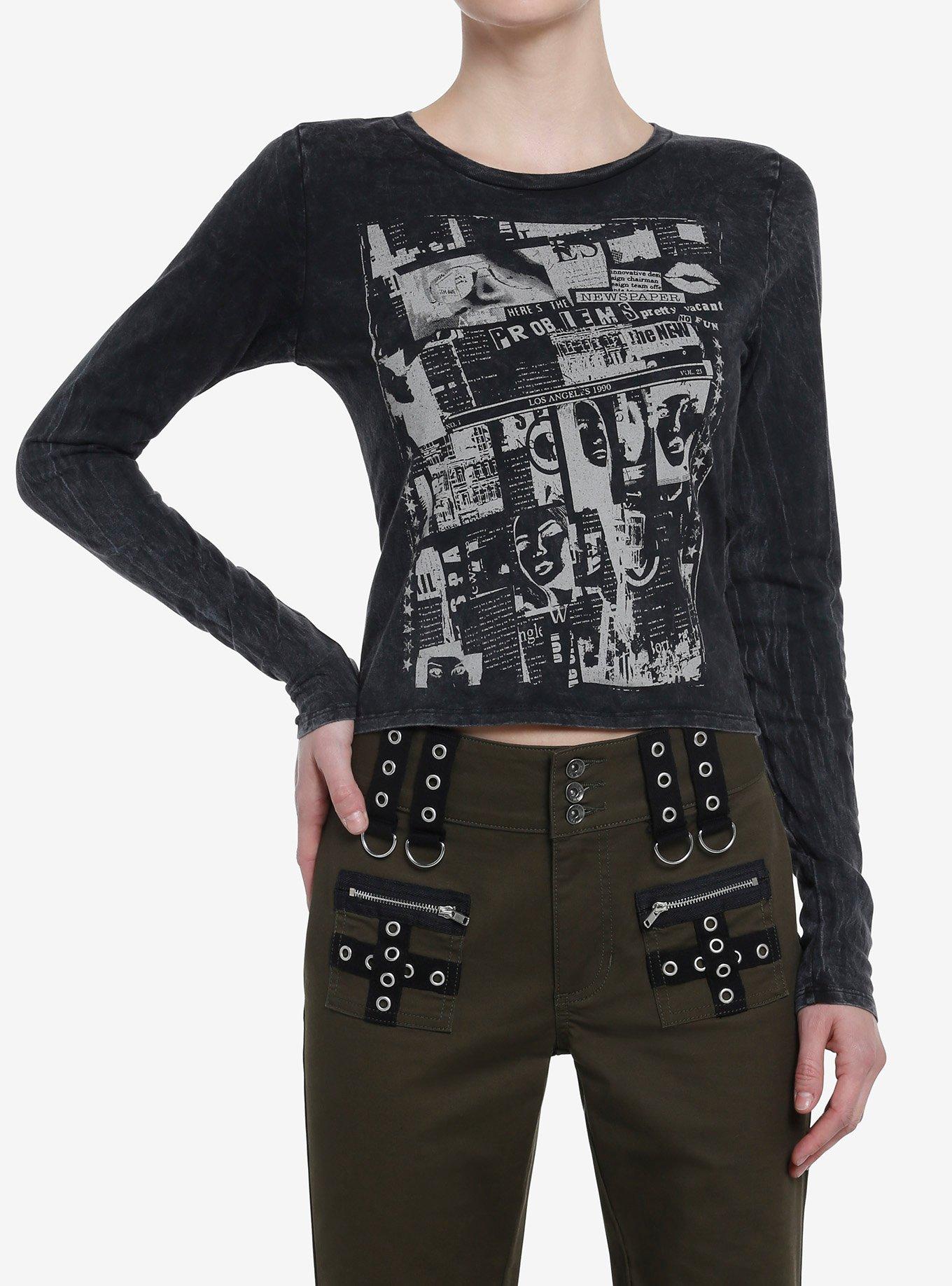 Social Collision Newspaper Mineral Wash Girls Long-Sleeve Top, GREY, hi-res