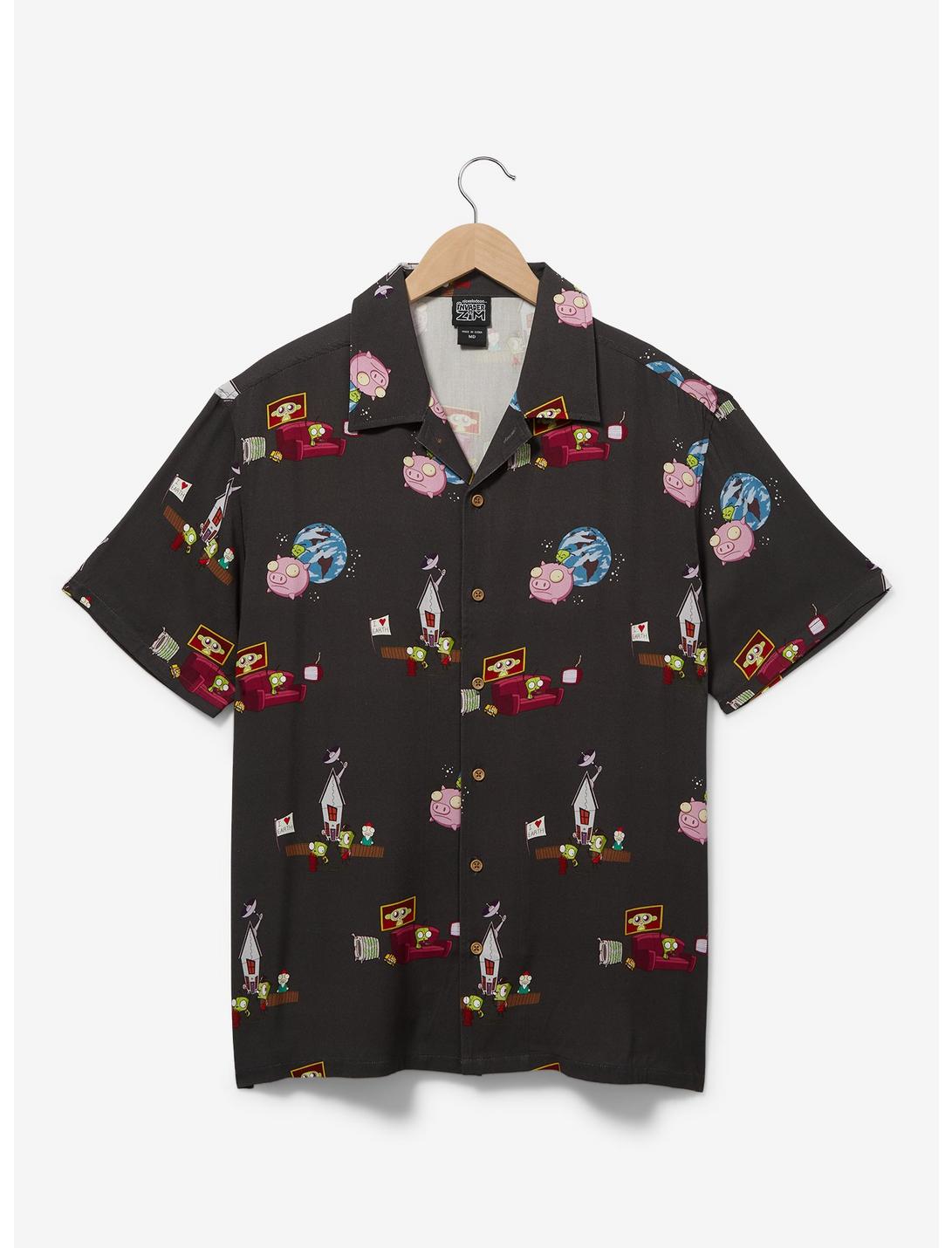 Invader Zim Icons Allover Print Woven Button Up - BoxLunch Exclusive, BLUE, hi-res