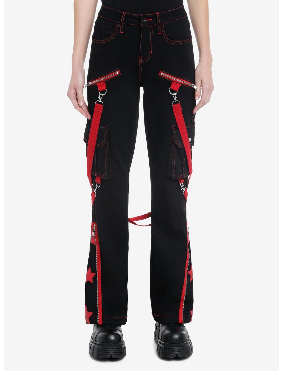 Black & Red Star Suspender Flare Pants, RED, hi-res