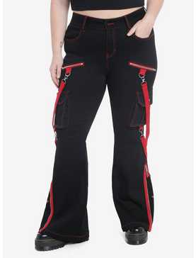 Black & Red Star Suspender Flare Pants Plus Size, , hi-res