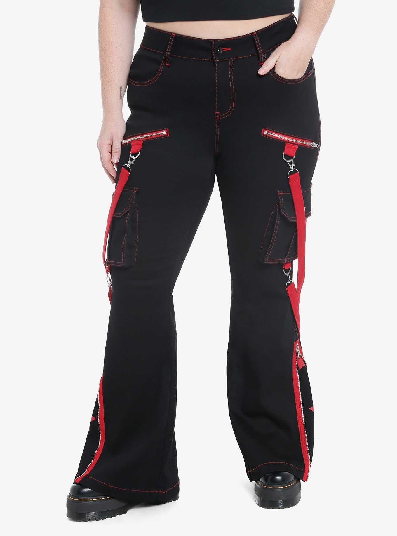 Social Collision Black & Red Star Suspender Flare Pants Plus Size, , hi-res