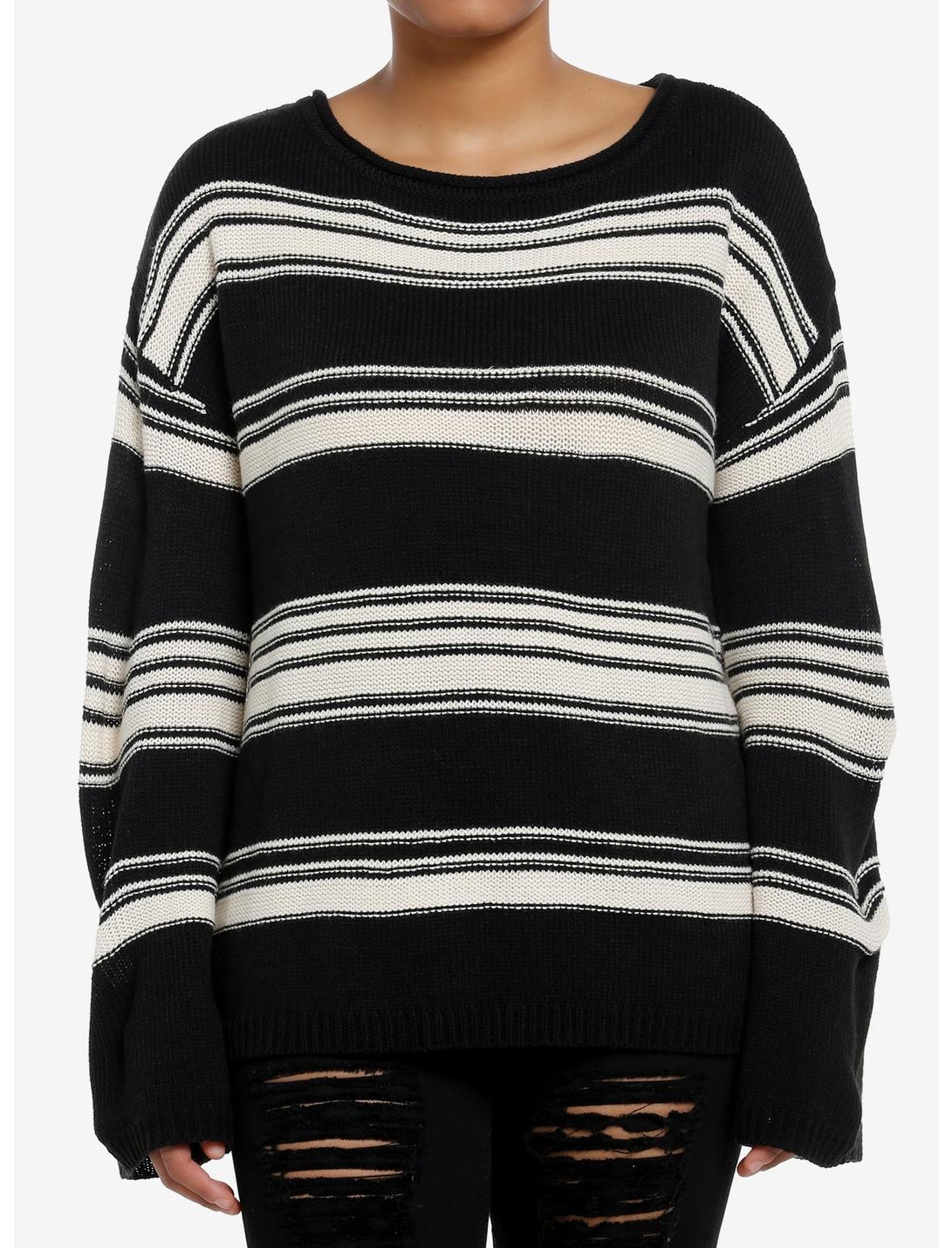 Black & Cream Stripe Boatneck Girls Knit Sweater, , hi-res