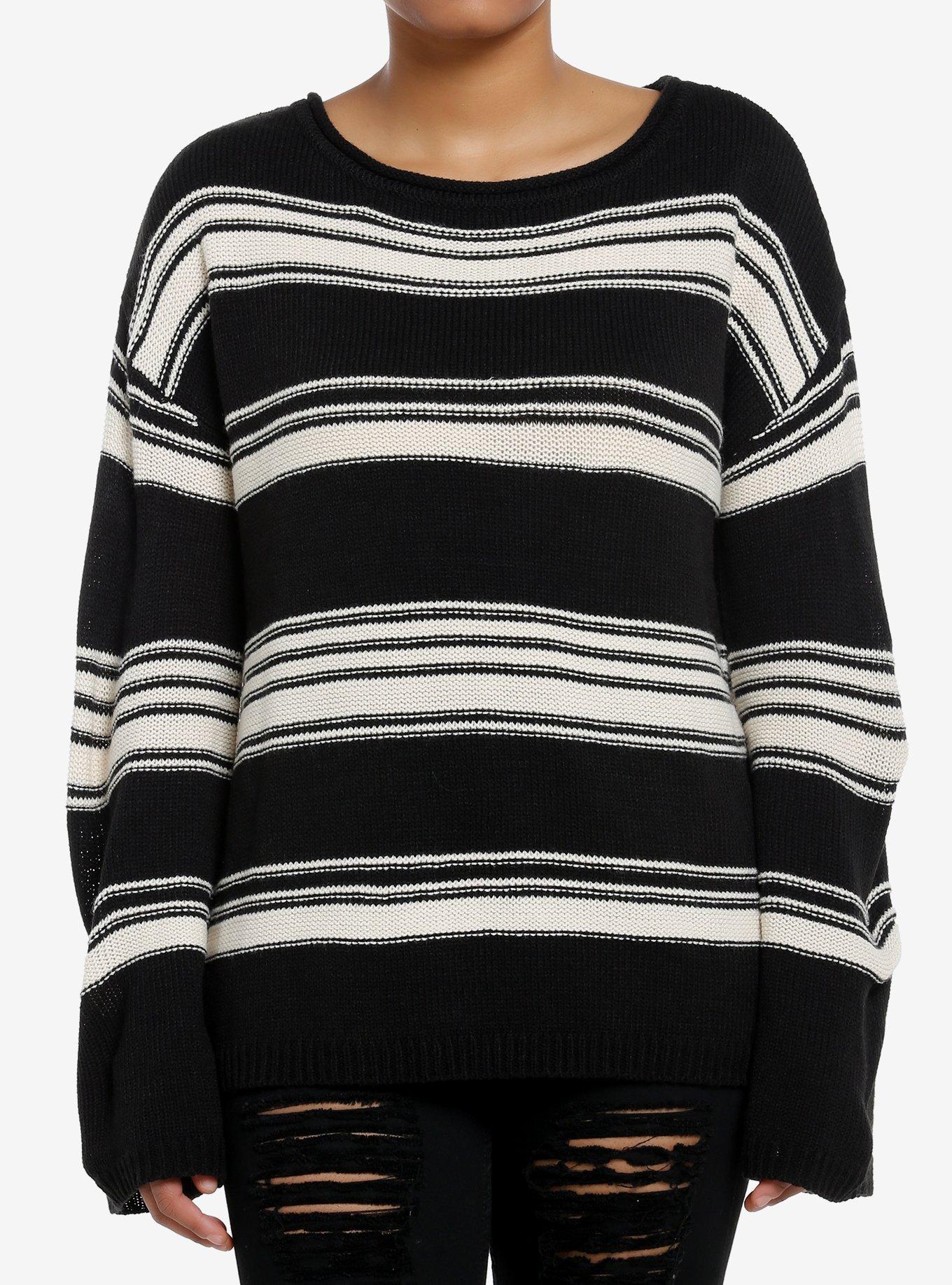 Black & Cream Stripe Boatneck Knit Girls Sweater, , hi-res
