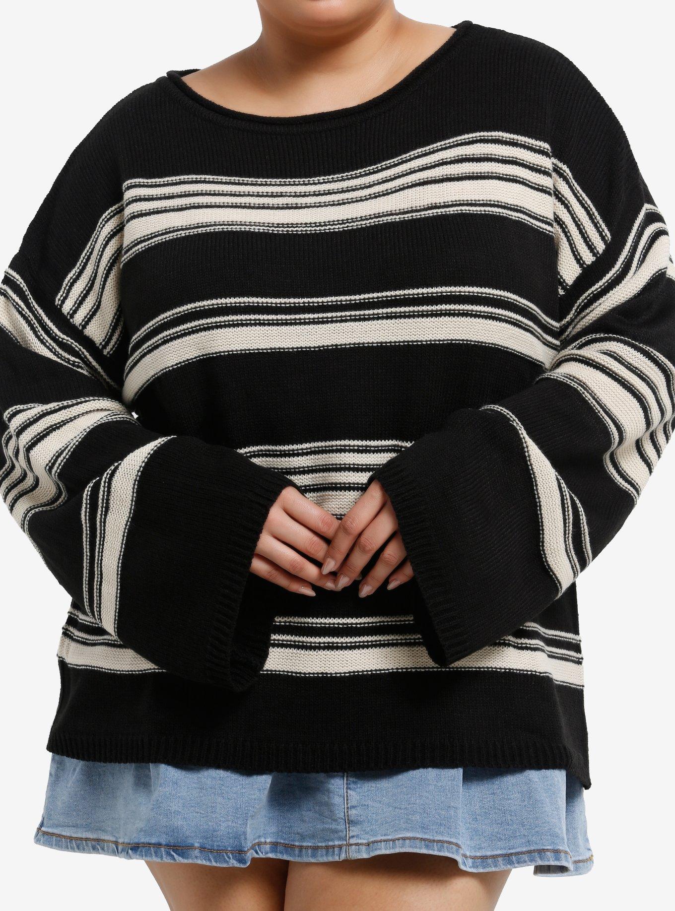 Social Collision Black & Tan Stripe Boatneck Girls Sweater Plus Size, , hi-res