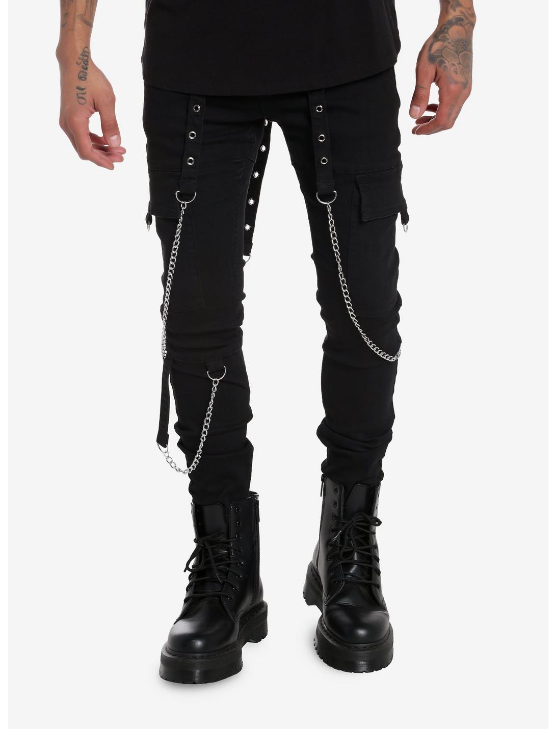 Black Grommet Chain Strap Stinger Jeans, BLACK, hi-res