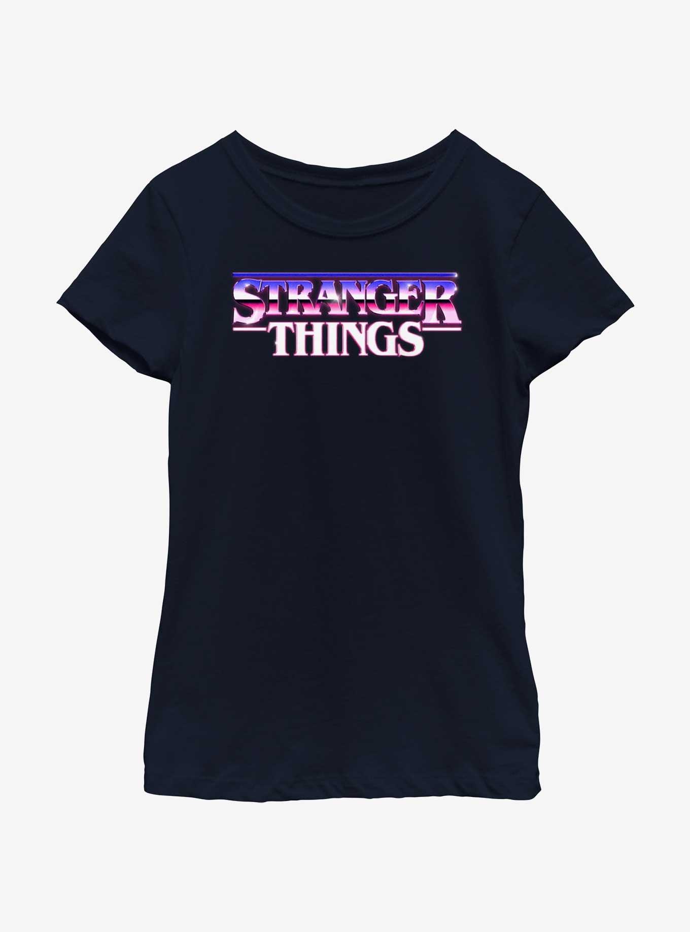 Stranger Things Metal Retro Logo Youth Girls T-Shirt, NAVY, hi-res