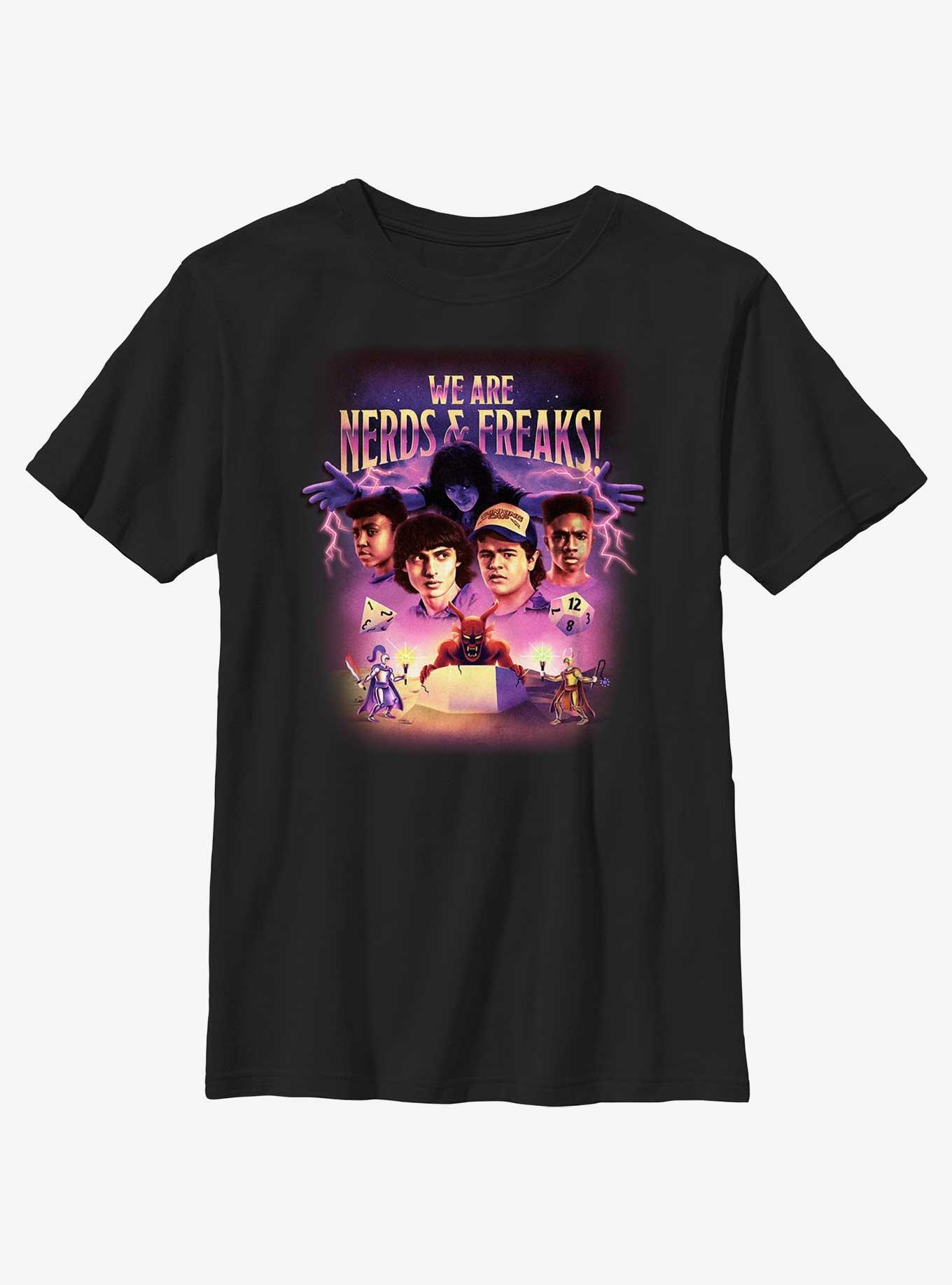 Stranger Things We Are Nerds & Freaks Hellfire Retro Youth T-Shirt, BLACK, hi-res