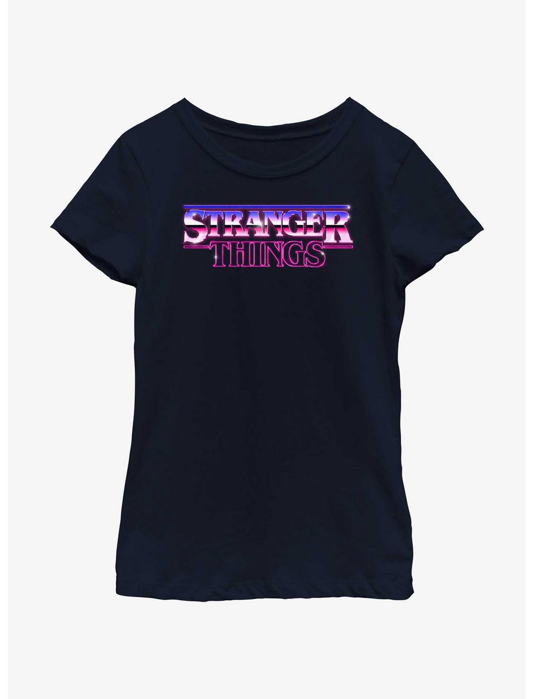 Stranger Things Metallic Logo Youth Girls T-Shirt, NAVY, hi-res
