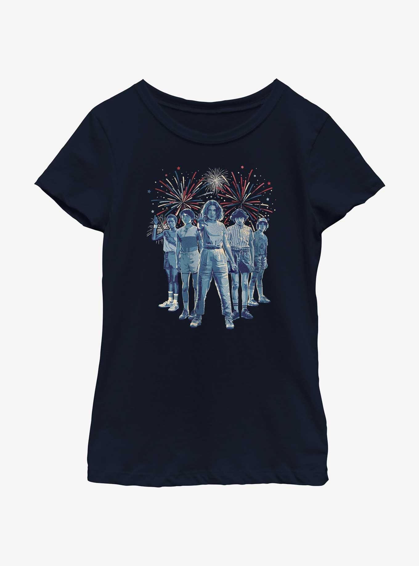 Stranger Things Group Fireworks Youth Girls T-Shirt, NAVY, hi-res